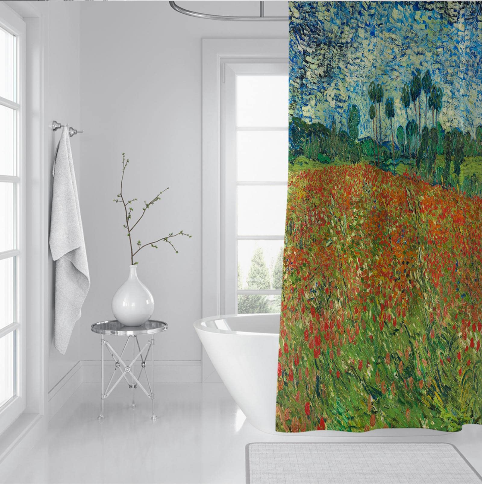 Duschvorhang Gartenduschvorhang Rot Blume Helle einzigartige Landschaft Blauer Stoffduschvorhang für Badezimmer mit Haken W150xL180cm