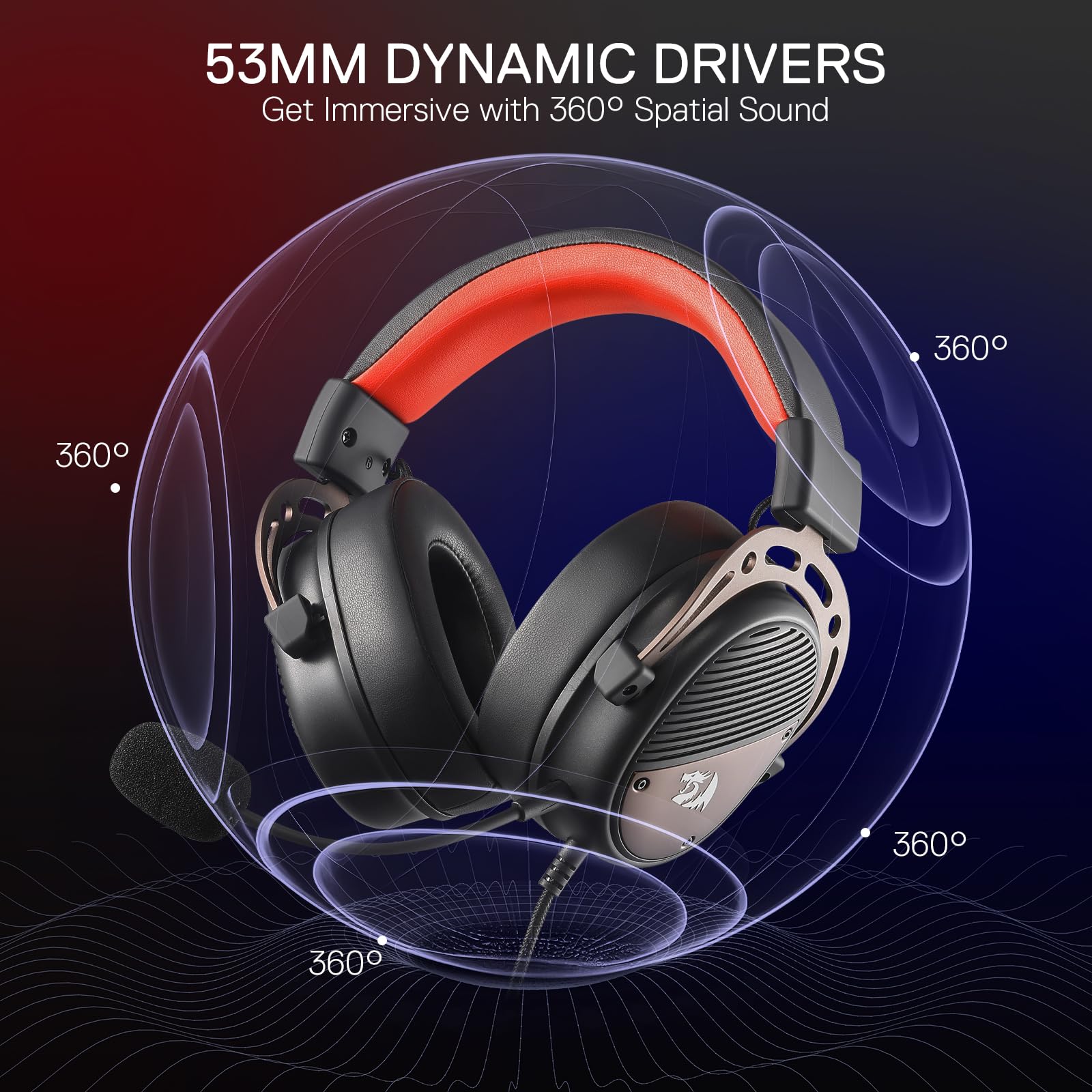 Redragon H730 Auriculares Gaming USB Cableados Drivers 53mm | Sonido Espacial 360° Micrófono Desmontable Cancelación Ruido Almohadillas Magnéticas Reemplazables