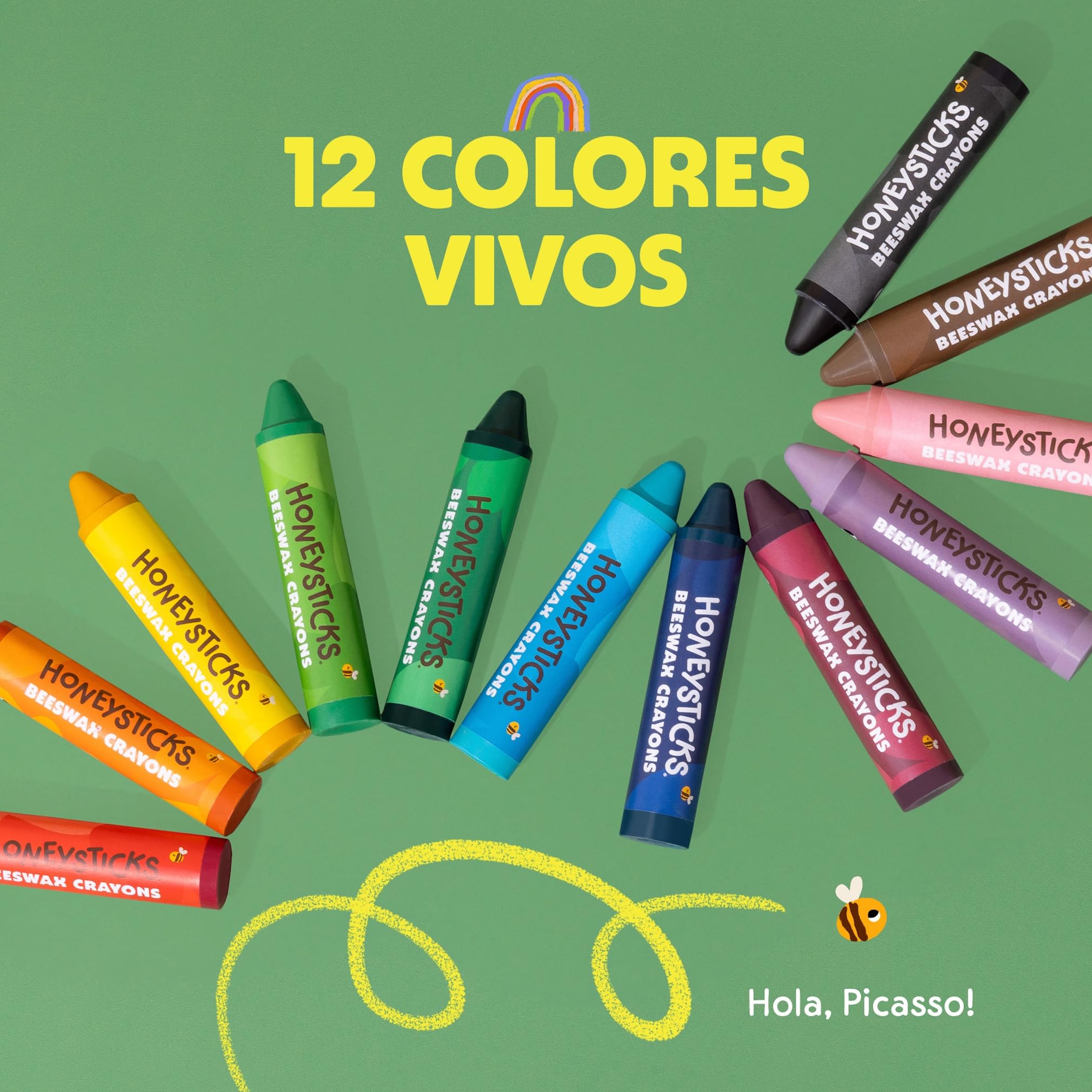 Honeysticks Lapices Super Jumbo Crayons (Paquete de 12) - Lapices cera abeja 100%, colores calidad alimentaria, 1-3 años, irrompibles, extra grandes, fáciles de sujetar y usar, ecológicos