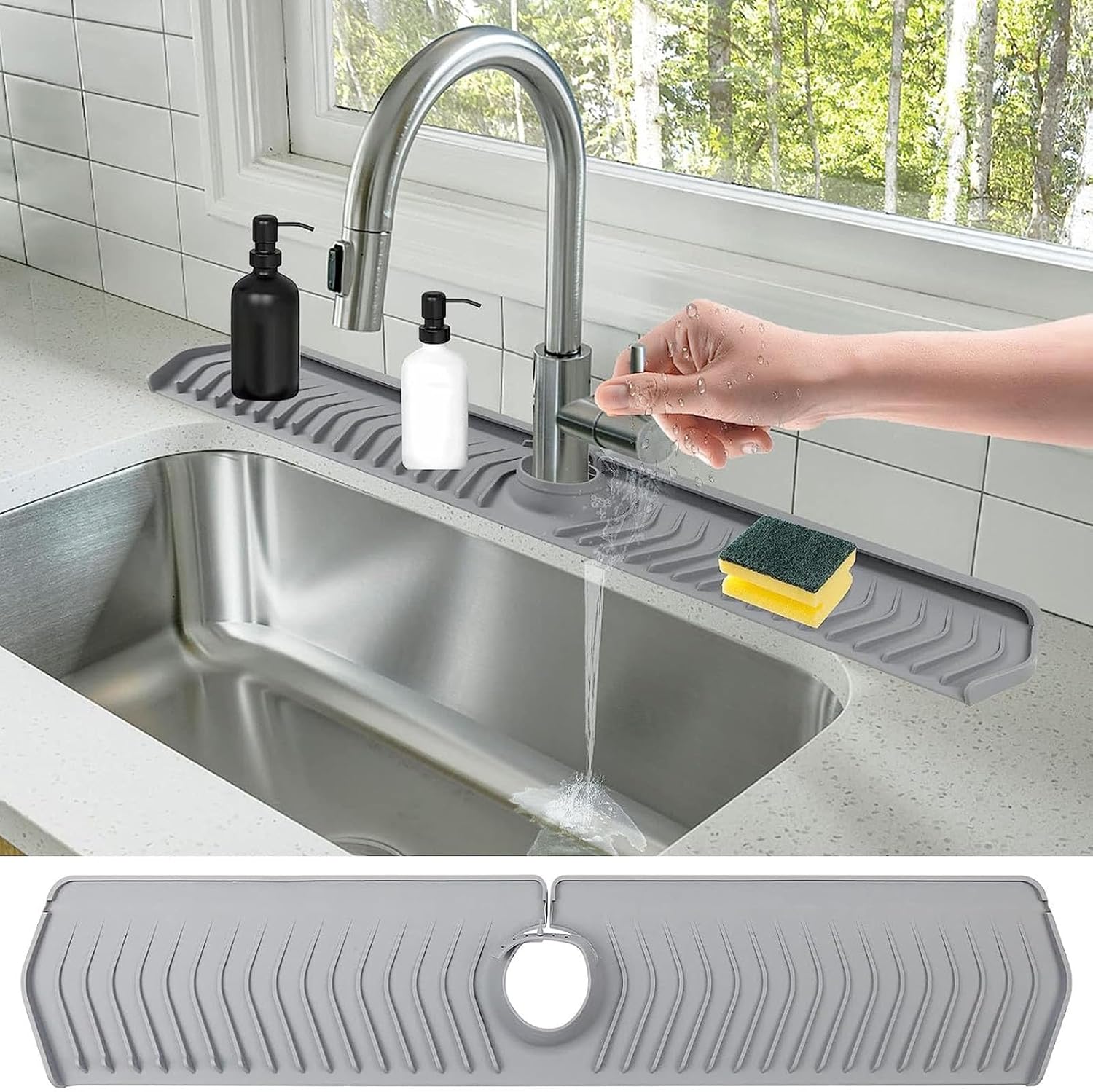 Silicone Faucet Splash Guard, Faucet Water Catcher Mat, Kitchen Faucet Splash Mat, Sink Drain Pad Behind Faucet, Keep Drying Kitchen Accessories Grey