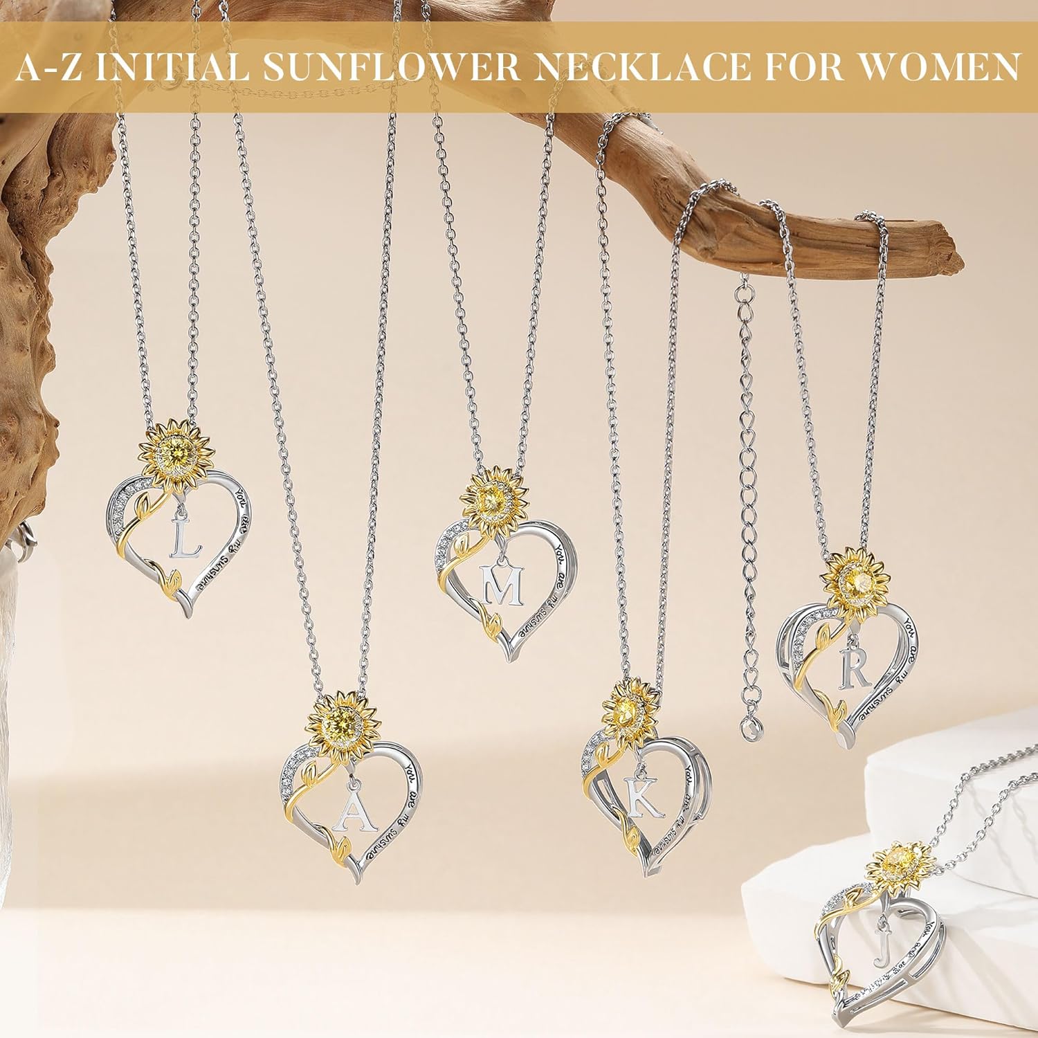 Turandoss Mothers Day Gifts for Mom, Dainty 14K White Gold Plated Initial A-Z Heart Sunflower CZ Pendant Necklace You Are My Sunshine Birthday Jewelry Mothers Day Gifts for Mom Daughter