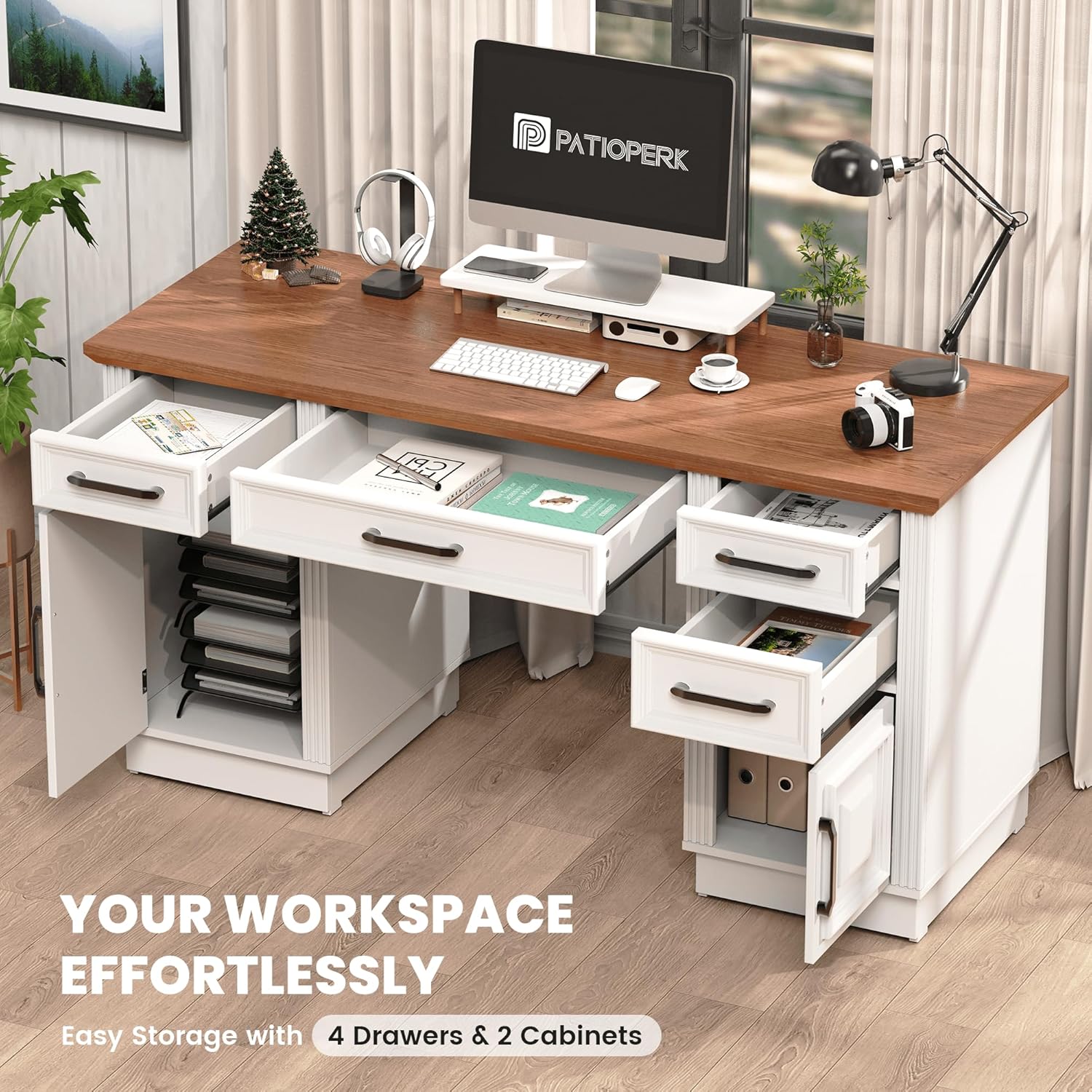 58" Farmhouse Executive Desk, Wood Home Office Desk with Drawers, Computer Desk with Drawers and Storage Cabinet, Workstation for Office Home, Ivory White