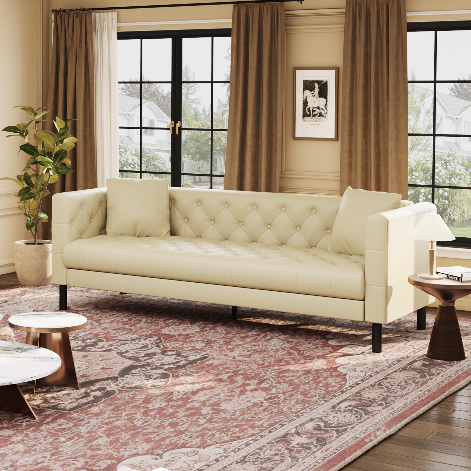 GarveeLife 81" Mid Century Modern Leather Sofa, 3 Seater Chesterfield Couch with Button Tufted Back & Deep Seat, Living Room Sofa for Apartment or