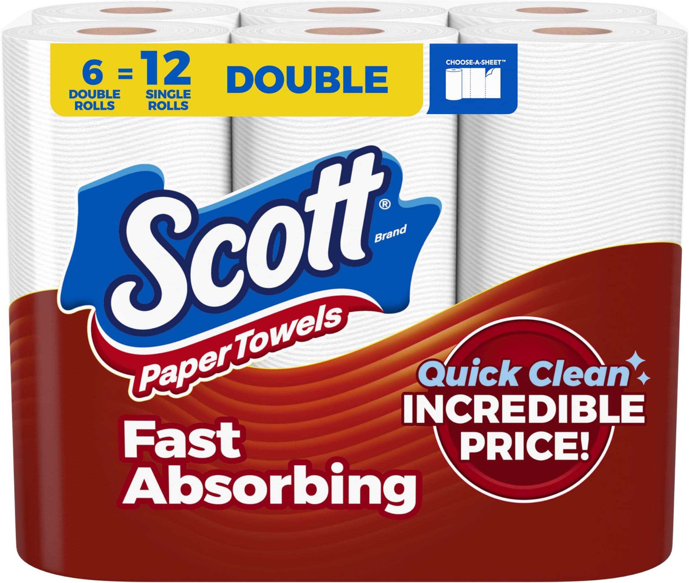 Scott Paper Towels, Choose-A-Sheet, 6 Double Rolls = 12 Regular Rolls (108 Sheets Per Roll)