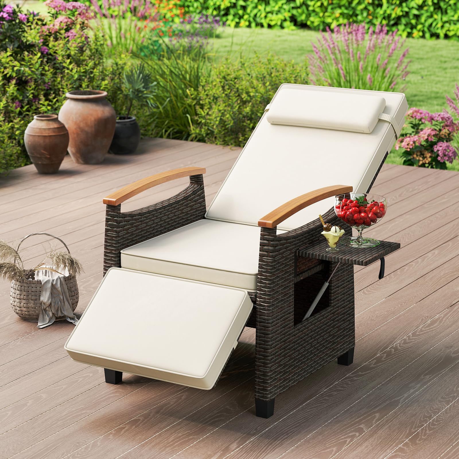 LIFEZEAL Sdraio da Giardino in Rattan (1, Bianco) | Lettino Prendisole Regolabile fino a 150°, Poltrona con Poggiapiedi, Tavolino Pieghevole e Cuscino Poggiatesta, per Terrazzo
