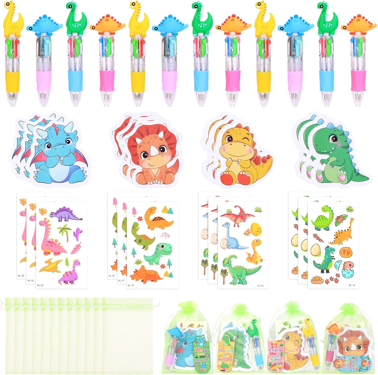 Dinosaur Stationery Party Gifts, 24-Pack Back-to-School Supplies, Prizes and Party Favors, Includes Dino 4-in-1 Ballpoint Pens, Sticky Notes, Stickers and Organza Bags