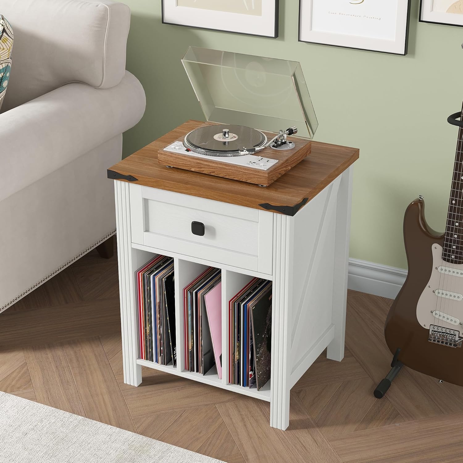 HOSEOKA Nightstand in a living room setting, featuring a record player on top and vinyl records neatly stored in the open compartments below.