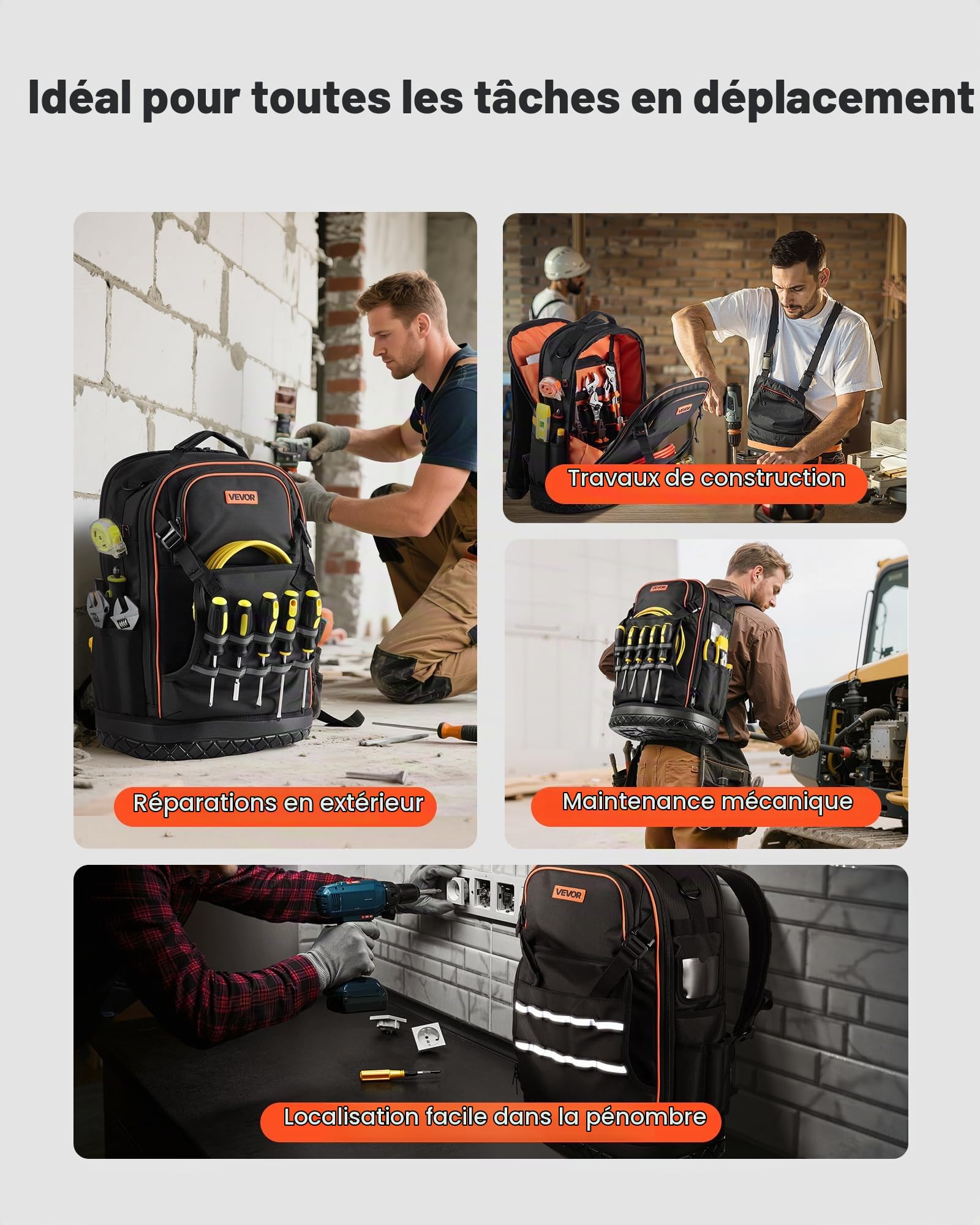 VEVOR Sac à Dos à Outils, Charge 31,75 kg, Sac à Outils 37x19,5x52 cm avec 65 Poches, Compartiment Ordinateur Portable, Base, Organisateur avec Outil Robuste pour Chantier, Électricien, Réparateur CVC