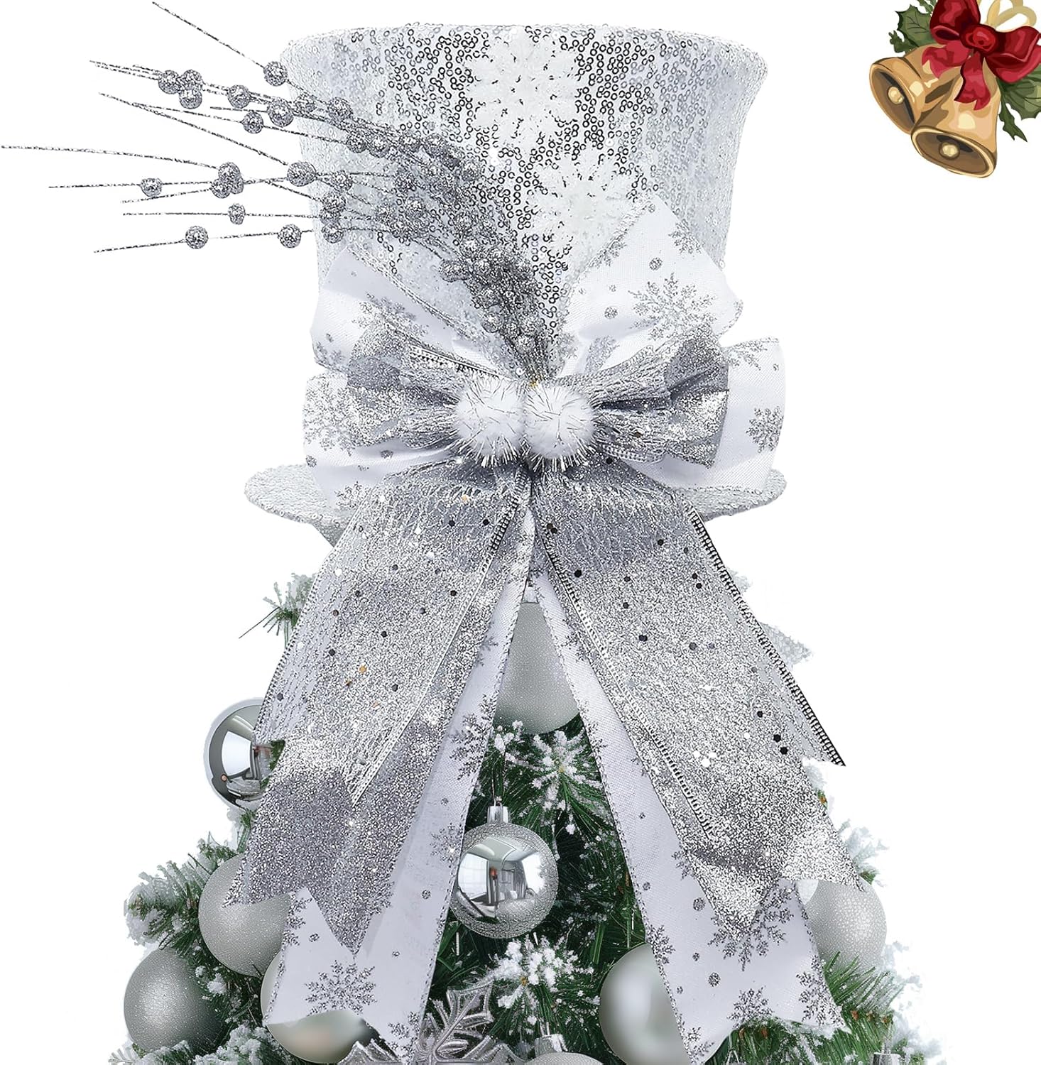 Christmas Tree Topper Hat with Bow, Glitter Top Hat Ornament with Pre-Tied Wired Bows, Winter Holidays Xmas Decor for Home Decoration (Silver)