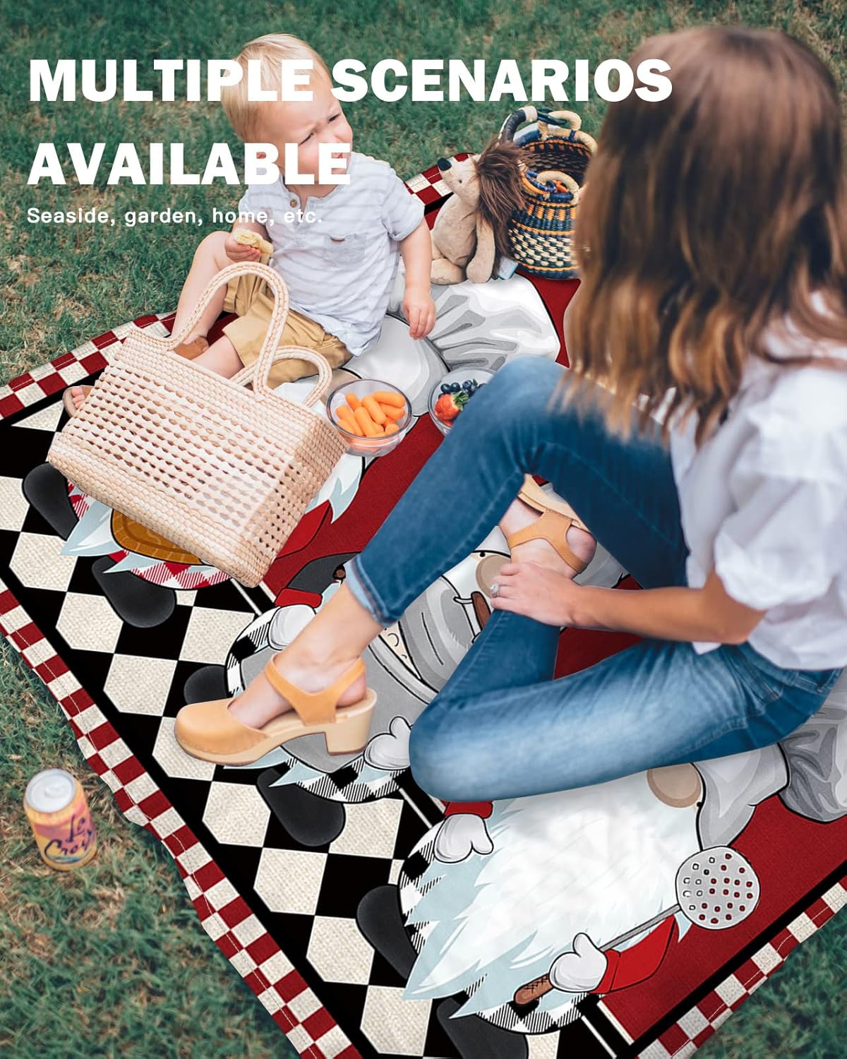 Kitchen Cute Chef Gnome White Hat Beach Blanket Waterproof Sandproof Outdoor Picnic Mat 95"x80" Red Maroon Diamond Plaid Lightweight Large Beaach Blankets with 4 Stake & 4 Corner Pockets