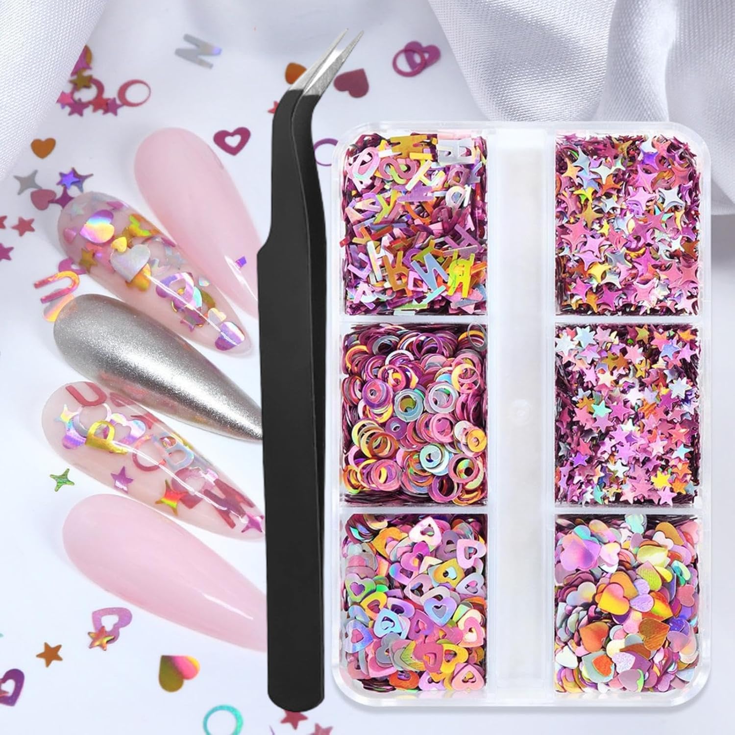 View 1 of 1 Box Holographic Hearts Nail Glitter Letter Prints Nail Sequins 3D Pink Star Nail Flakes Sparkly Glitter Flakes Shiny Nail Glitter Valentine Nail Sequins Glitter with Tweezers for Nails Art 6 Grids