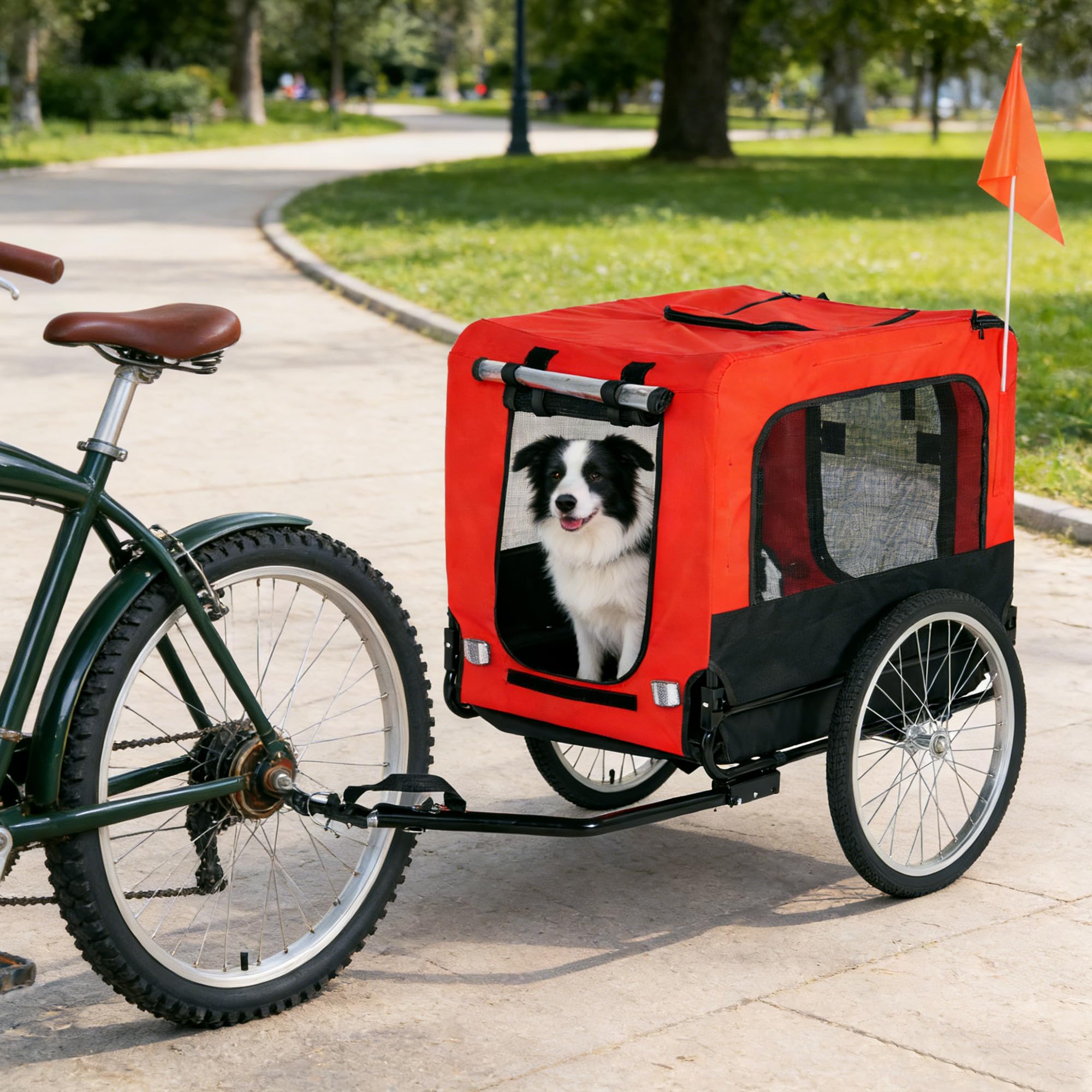 soges Großes Fahrradanhänger für Hunde bis 40 kg Faltbarer Hundefahrrad Anhänger aus 600D Oxford, Atmungsaktiver Mesh Hundefahrradanhänger, Hundewagen mit interner Leine, Sicherheitsreflektoren Rot