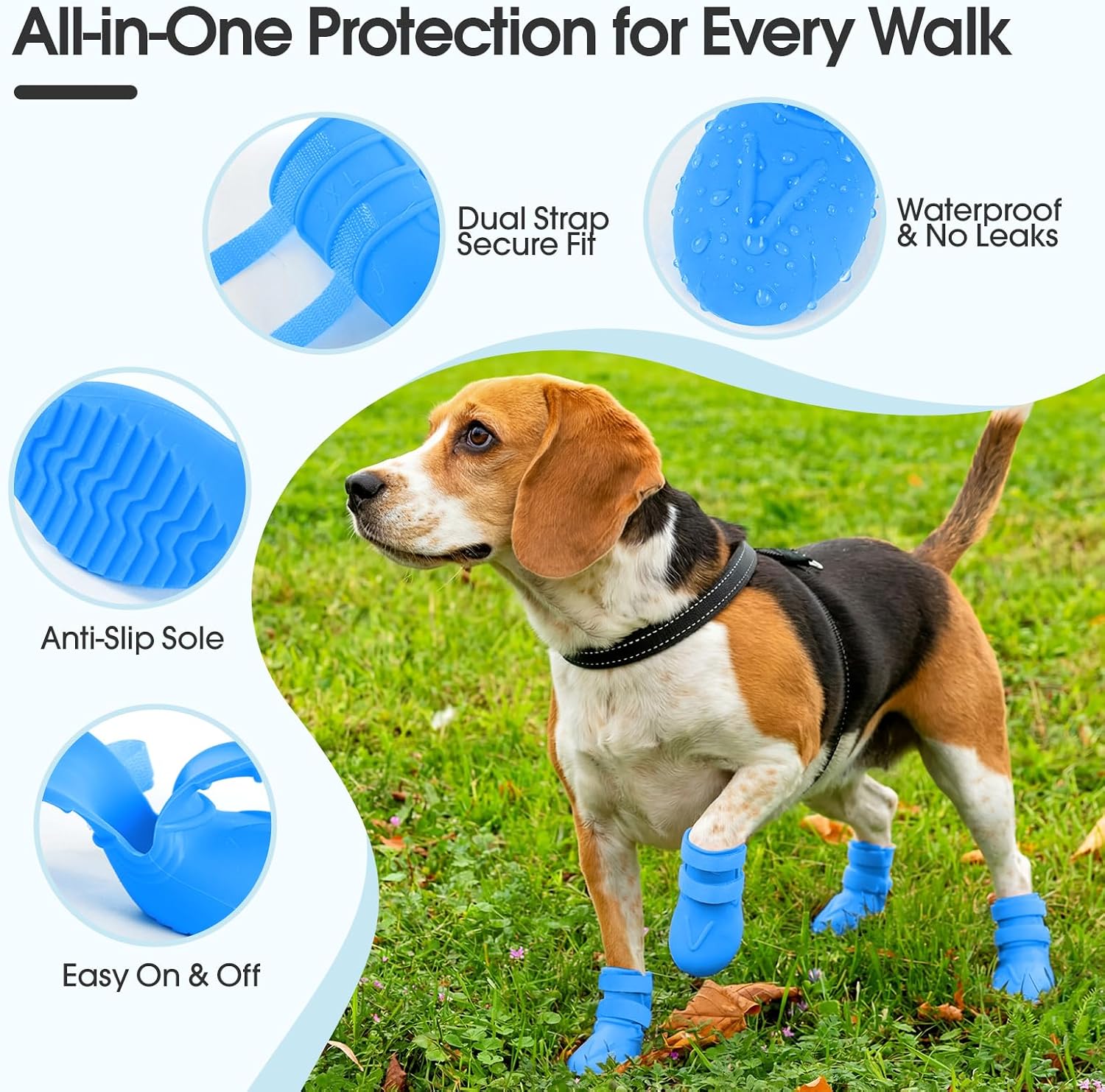 Dog Rain Boots Waterproof, 4PCS Dogs Shoes Non Slip Dog Boots & Paw Protectors, Easy On Rubber Doggie Booties Pet Shoes for Hot Pavement Snow Rain, Dog Rainboots for Small Medium Large Dogs, Blue 3XL