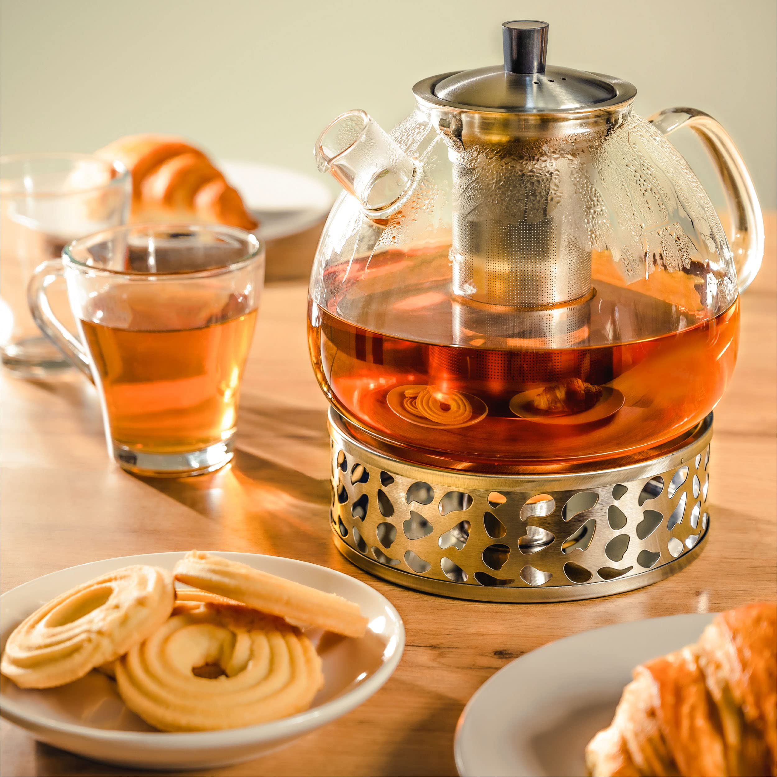 Cosumy Teiera con Infusore con Scaldino - 1,5l Vetro Borosilicato - Lavabile in Lavastoviglie - Resistente al Calore - Grandi Teiera