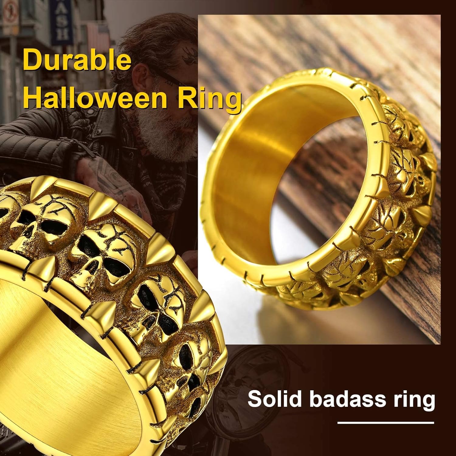 ChainsProMax Can Engrave Men Skull Rings, Stainless Steel Statement Biker Rings, Gold Plated/Black-Send Gift Box