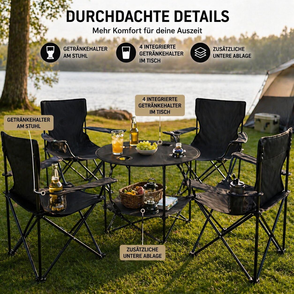 BigDean Camping Set 2X Campingstühle + 1x Campingtisch - Campingstuhl mit Tisch Set klappbar – Camping Tisch Stuhl Set Campingstuhl faltbar Angelstuhl Faltstuhl Anglerstuhl Campingtisch mit Stühlen