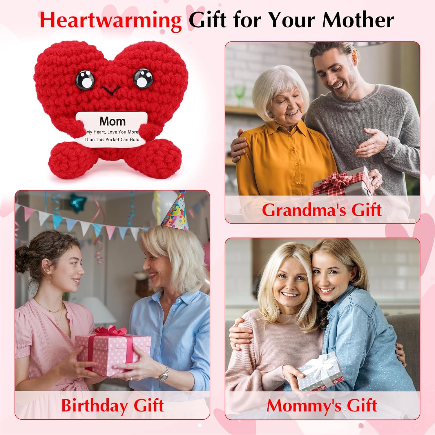 Birthday Gifts for Mom - Pocket Hug Heart with Positive Emotional Card Handmade Crochet Heart Doll for Mother's Day Women Mom Grandma (HeartShape-Red2)