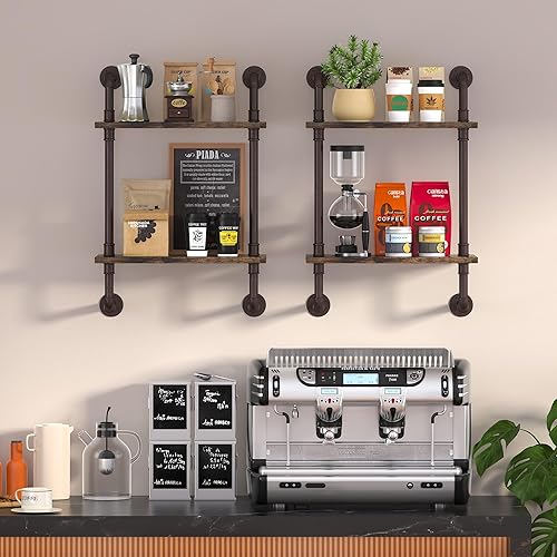 Miniatura 6 de Helsin Estantes flotantes de tubería industrial de 2 niveles, estante de pared de madera rústica de 16 pulgadas, estante de almacenamiento para
