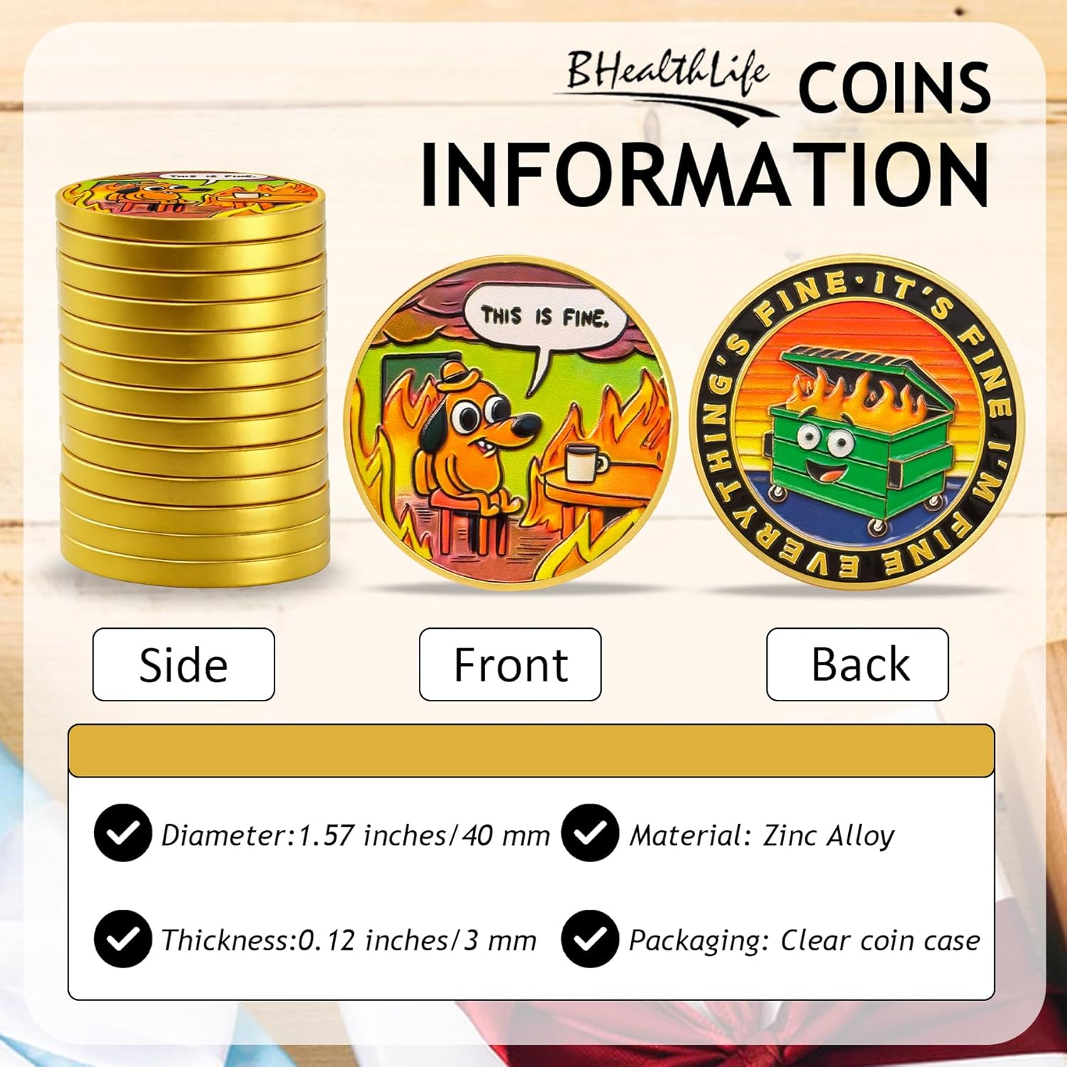 BHealthLife Dumpster Fire Challenge Coin – "This is Fine" Dog Challenge Coin - Hilarious Employee Appreciation Gifts Office Desk Accessory Collectible Job Reward Funny Gifts for Coworker（Golden）