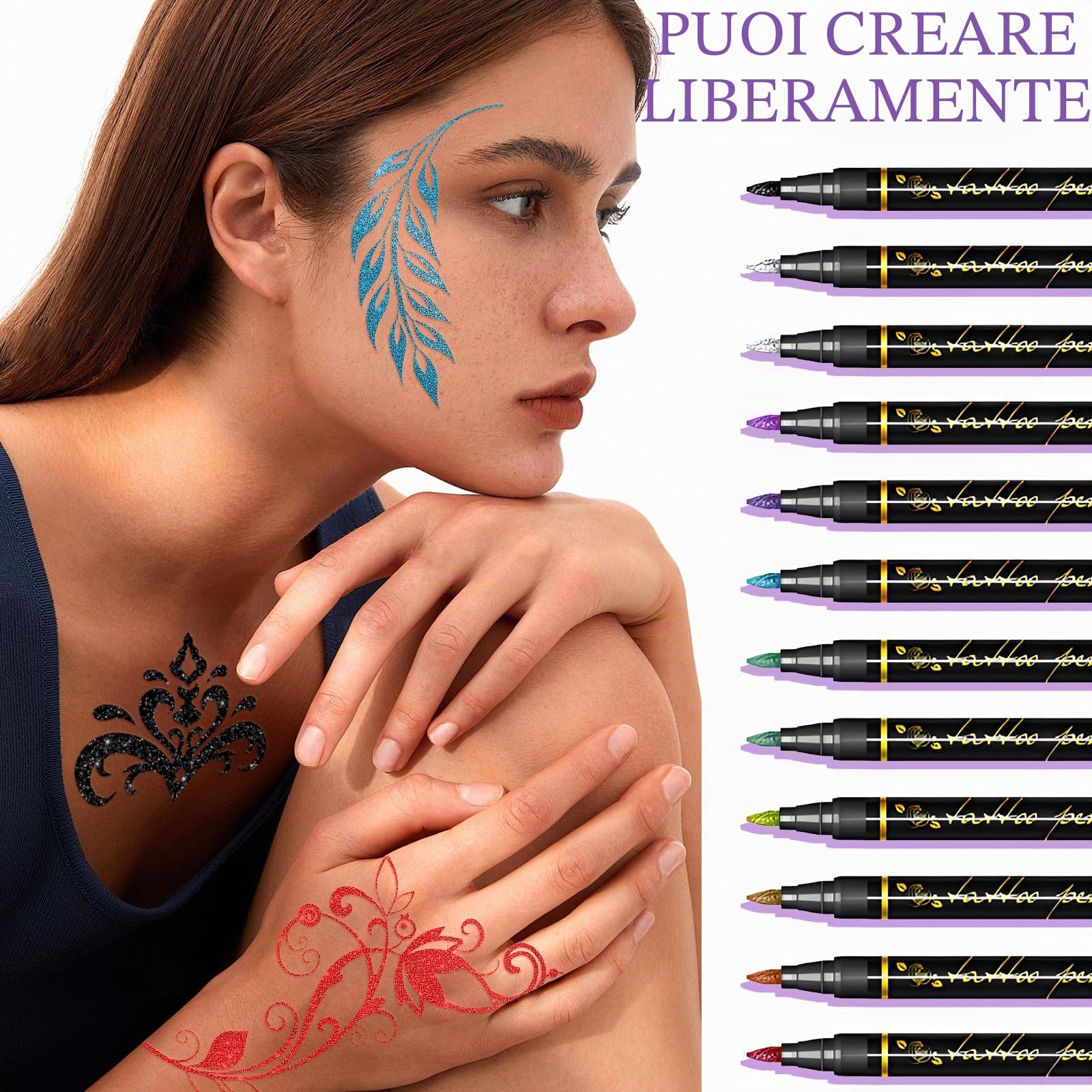 Pennarelli temporanei per tatuaggi per bambini e adulti, 12 pennarelli metallici e 155 stencil per tatuaggi, penne cosmetiche per tatuaggi per bambini e adulti