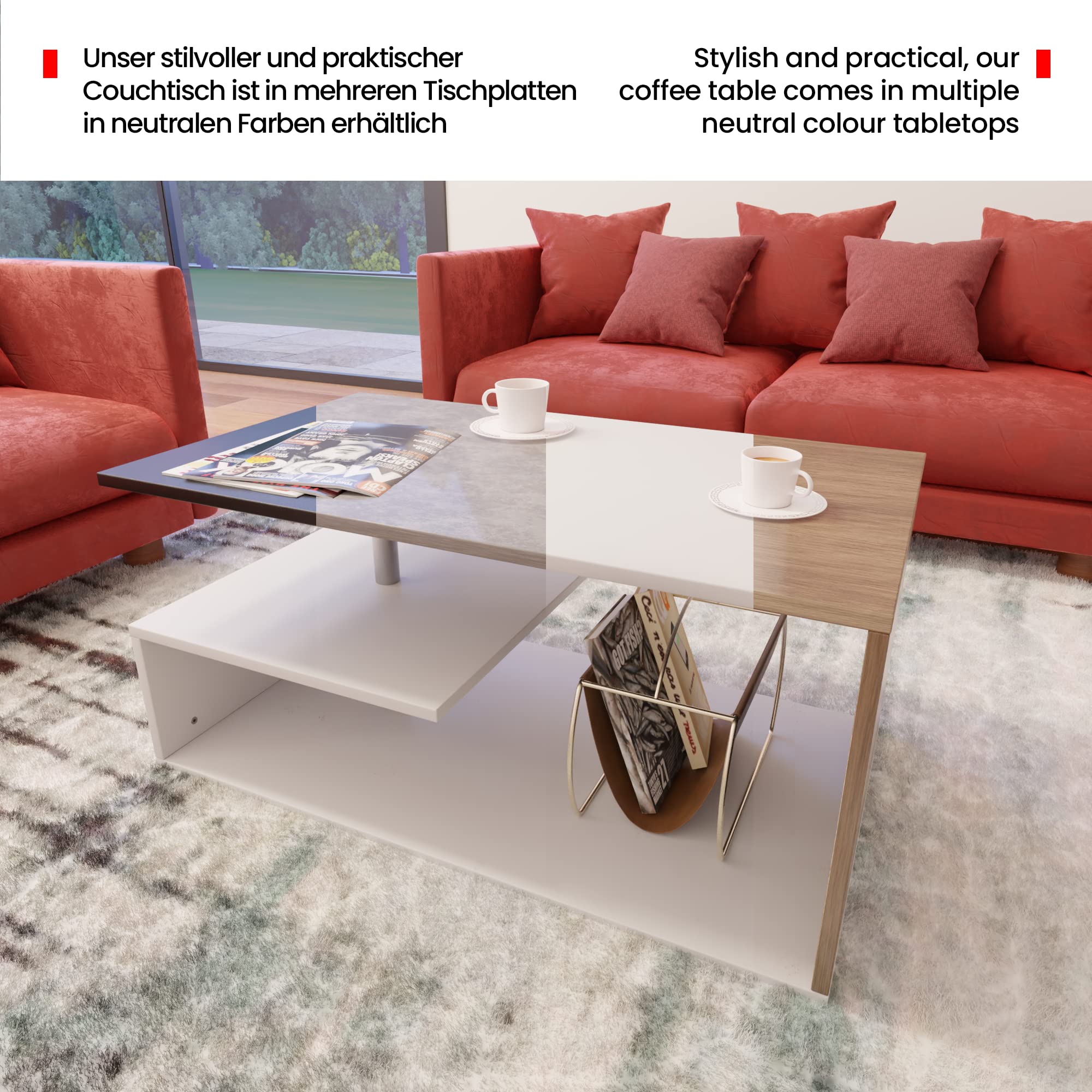 MIADOMODO® Couchtisch-90x50 cm, mit Stauraum, Modern, Eckig, Asymmetrisch, Leicht, Lang, Niedrig, Weiß mit Betonoptik/Eichenoptik/Grau - Wohnzimmertisch, Kaffeetisch (Weiß-Eicheimitat)