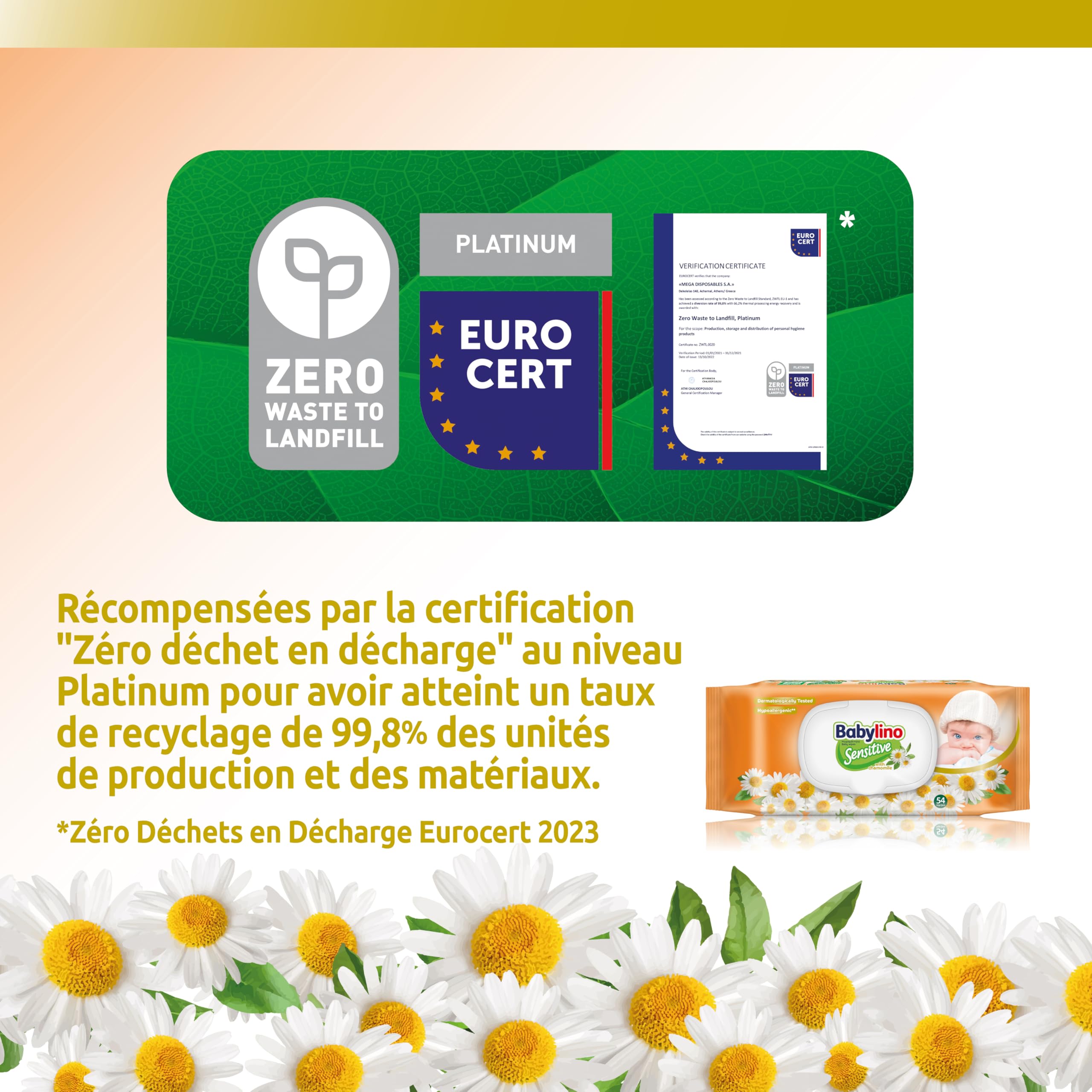 Babylino Sensitive Lingettes au délicat parfum de Camomille, Formule 98% Naturelle qui restaure le pH naturel de la peau, 3 paquets avec capot refermable, 162 lingettes