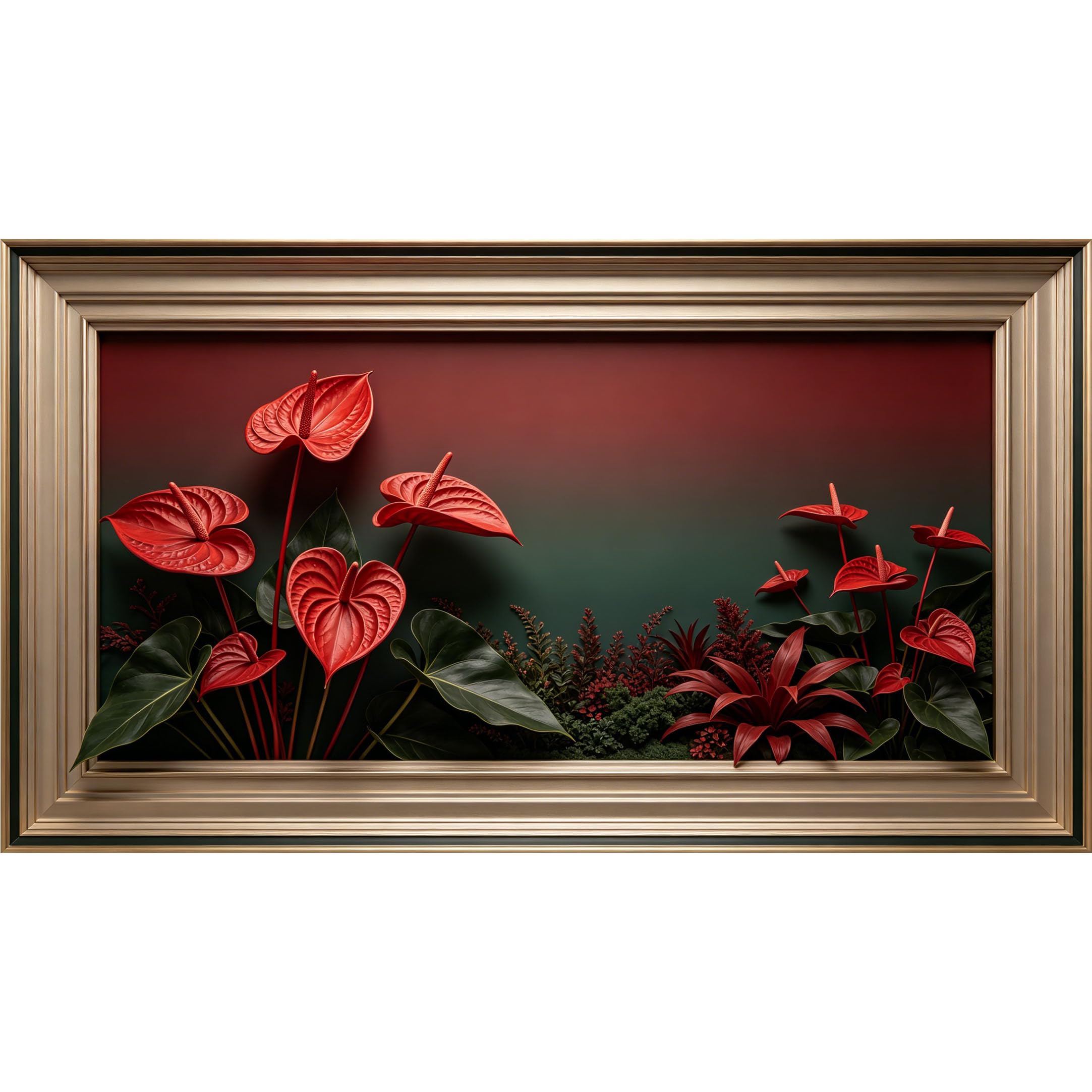 QZLITHOTIC 50×90cm3D Framed Wall Art， Red Anthurium Botanical Floral SelfAdhesive Mural， WaterActivated Peel & Stick Fabric Decor Wall Decal for Bedroom Living Room
