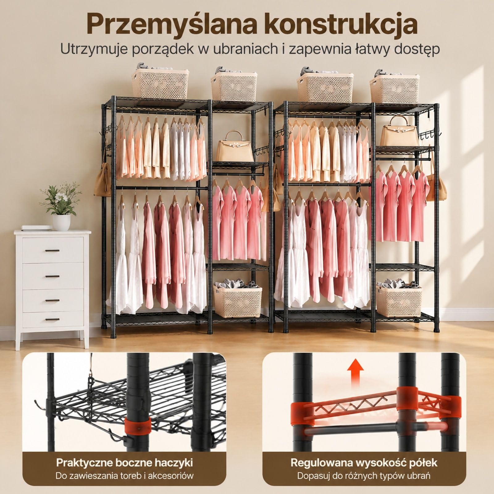 Regulowany wieszak na ubrania ze stali węglowej, 3 drążki, 6 półek i 8 haczyków, otwarta szafa do sypialni, sklepu i korytarza