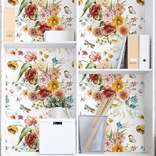 Miniatura 3 de VaryPaper Papel tapiz floral vintage para pegar y despegar y despegar Petunia Butterfly Peony Wallpaper 17.7 x 78.7 pulgadas, autoadhesivo,