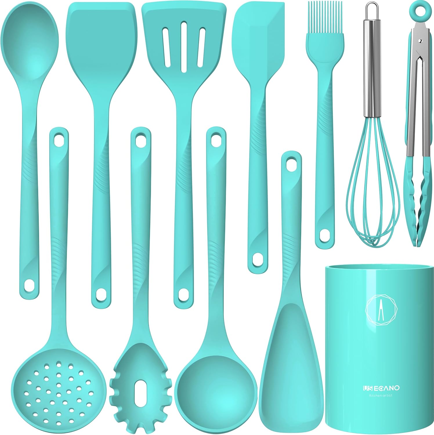 Silicone Cooking Utensils Set – 600°F Heat Resistant, Nonstick Kitchen Utensil Set with Spatulas, Spoons, Whisk, Tongs, BPA Free, Dishwasher Safe (Teal)