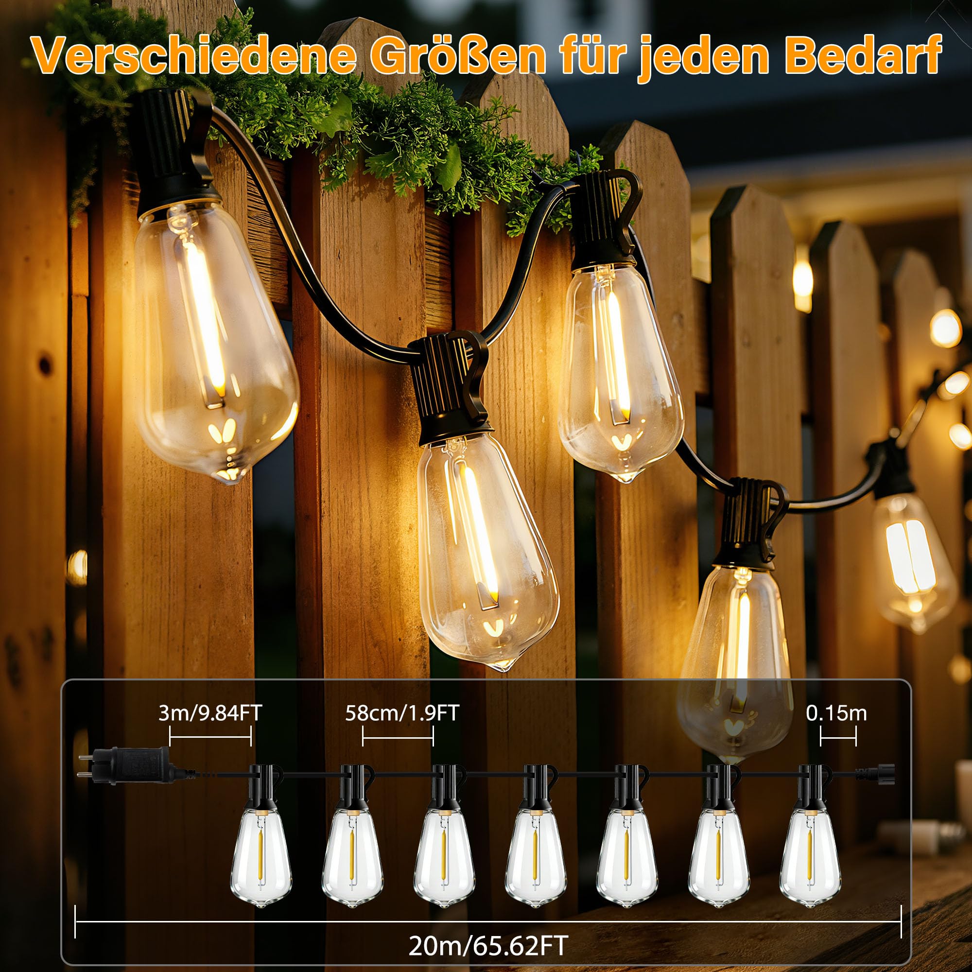 HeiPard LED Lichterkette Außen Strom 20M ST38 mit Fernbedienung Timer, 3 Modi, IP45 Wasserdicht Outdoor Lichterketten, 30+2 Glühbirnen Warmweiß Beleuchtung für Garten, Terrasse, Balkon, Party