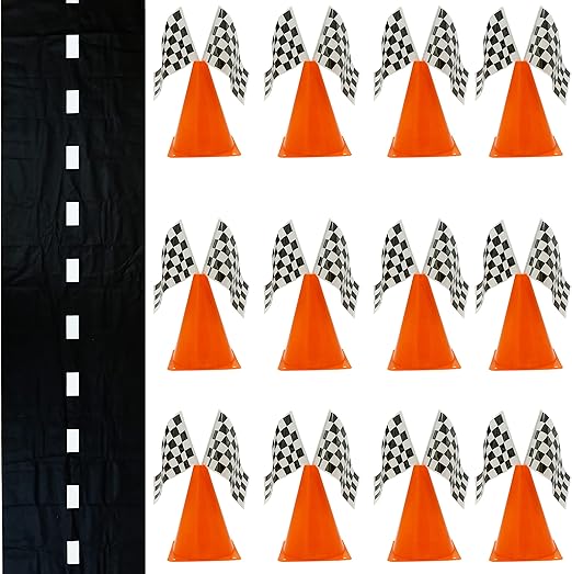 4E's Novelty 38 Pieces Set - 12 Traffic Cones With Hole on Top, 24 Checkered Flags, Racetrack Floor Runner - for For Race Car Birthday Party Supplies, Table Centerpiece Decorations Kids Gift