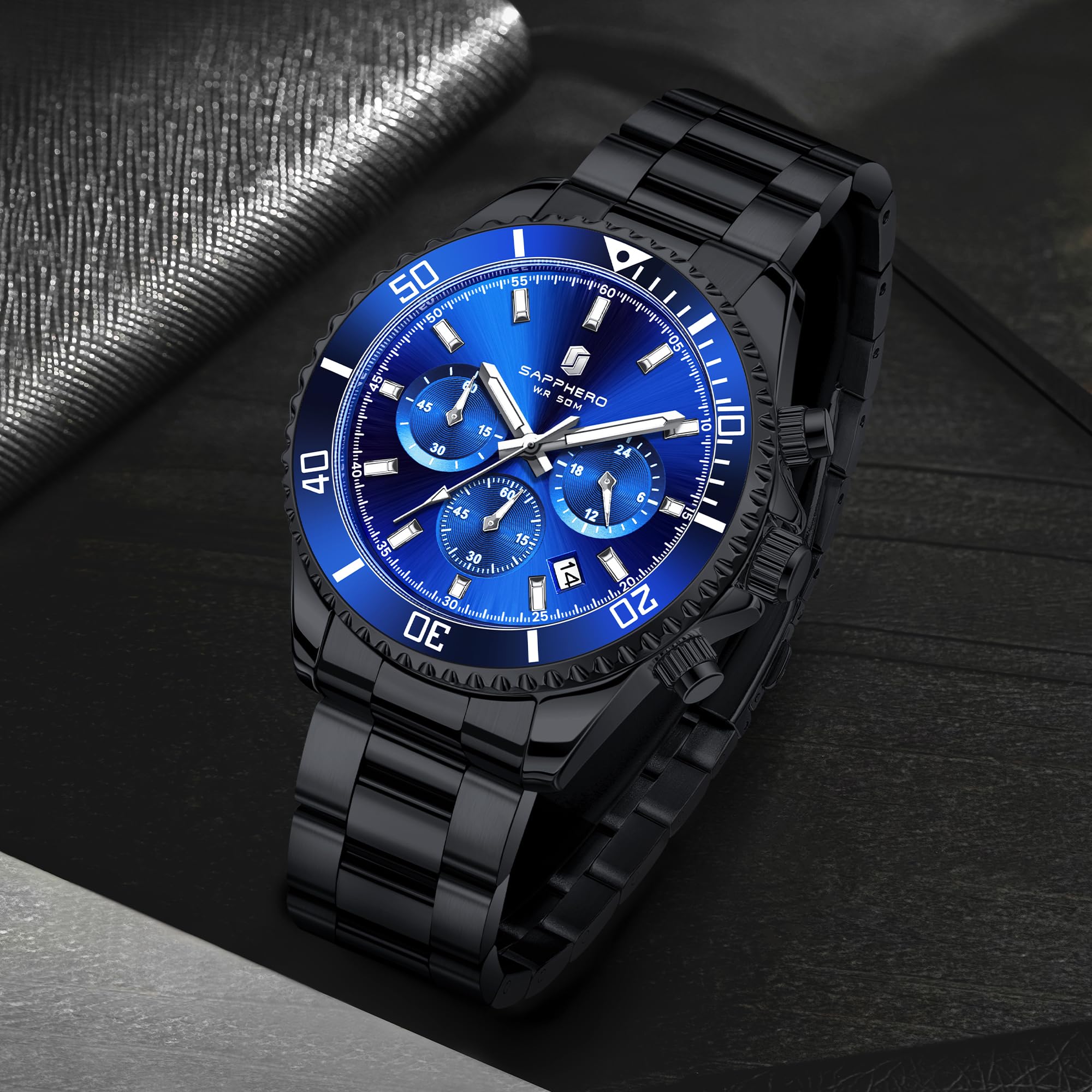 SAPPHERO Orologio Uomo Analogico Al Quarzo Cronografo 50M Impermeabile Moda Sportivo Elegante Classico Orologio da Polso Uomo Cinturino in Acciaio Regalo per Uomo
