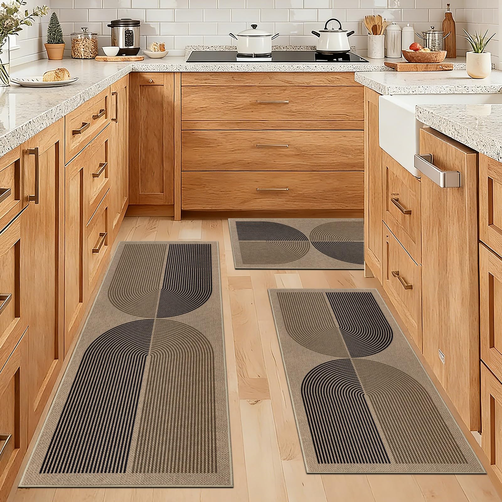 Capslpad Lot de 3 tapis de cuisine antidérapants aspect jute lavables style bohème pour buanderie et couloir, noir et marron (50 x 80 cm + 50 x 120 cm + 50 x 150 cm)