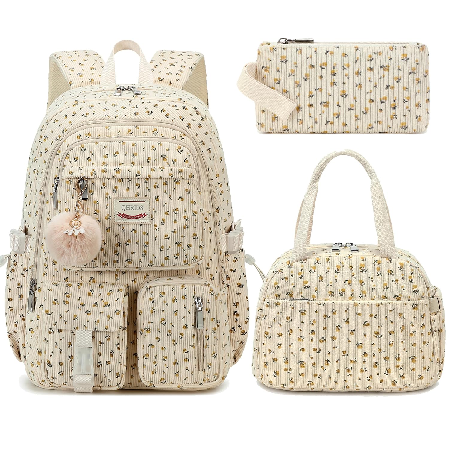 School Backpack Set for Teens Girls Women 3PCS Corduroy Lightweigh Laptop Backpacks with Lunch Box Pencil Kids Elementary