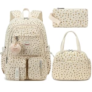 School Backpack Set for Teens Girls Women 3PCS Corduroy Lightweigh Laptop Backpacks with Lunch Box Pencil Kids Elementary