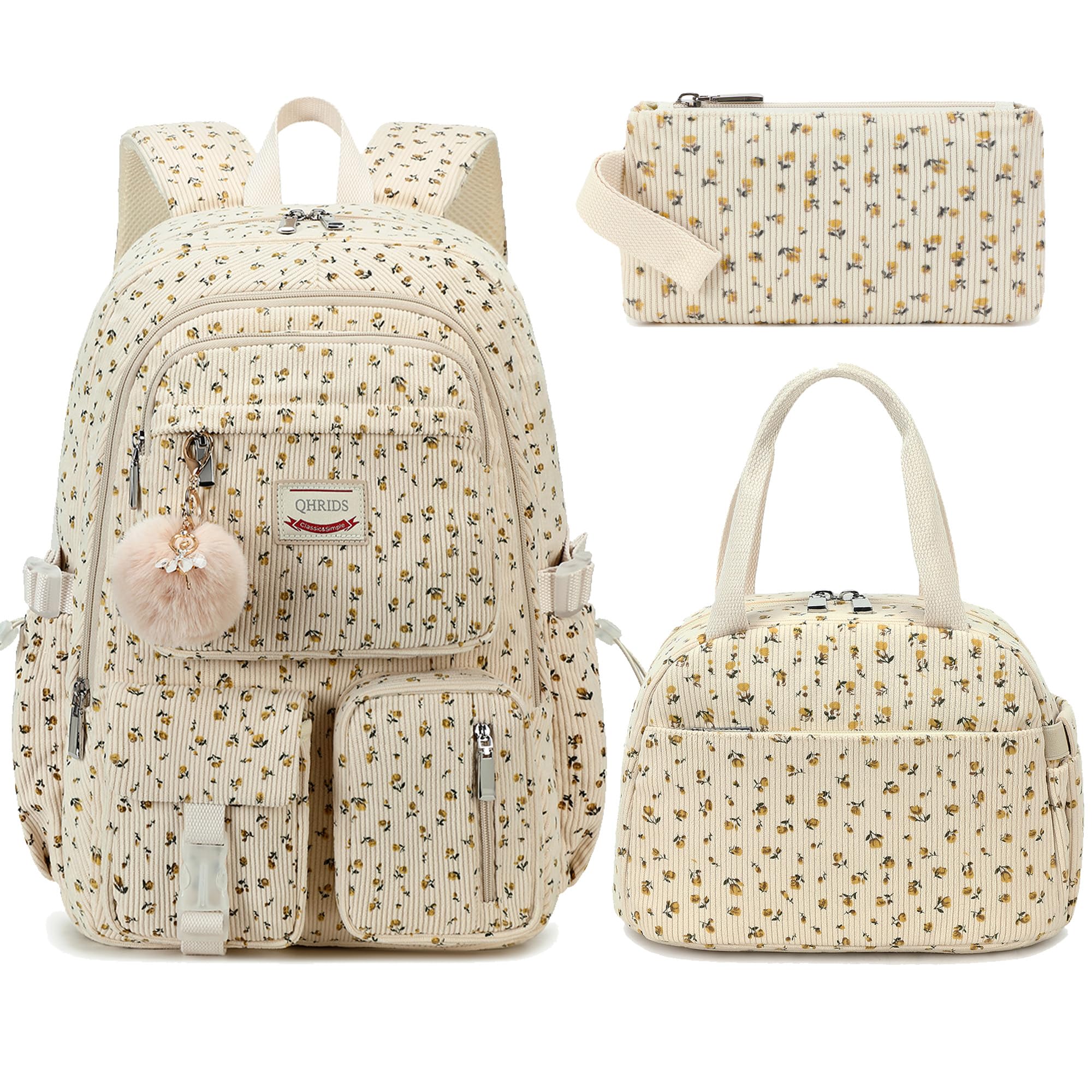 School Backpack Set for Teens Girls Women 3PCS Corduroy Lightweigh Laptop Backpacks with Lunch Box Pencil Kids Elementary