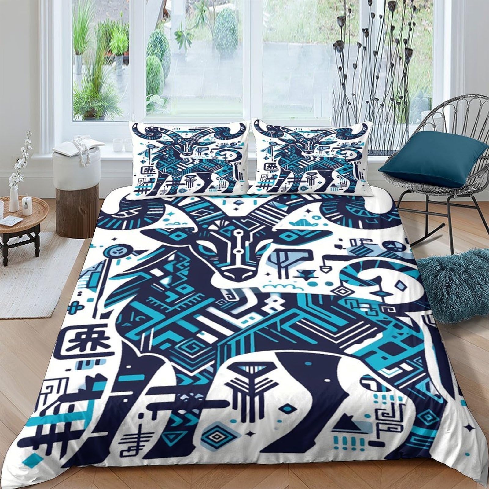 GPLZQXKJNH 3D Printed Abstract Wolf Duvet Cover Microfiber Soft Breathable Geometric Tribal Bedding Set with 2 Pillowcases for Bedroom Decor Single（135x200cm）