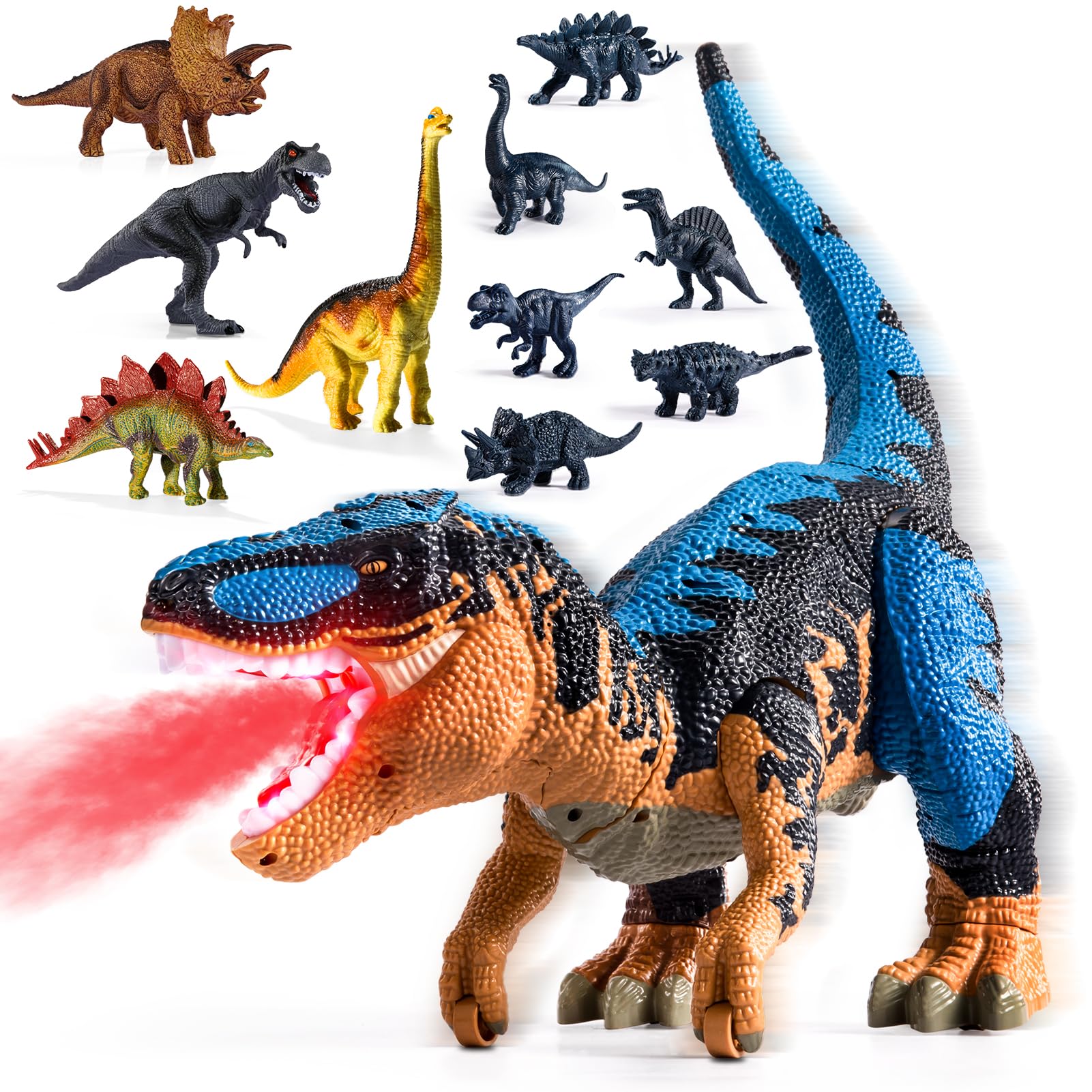 Grand Jouet Dinosaure Tyrannosaurus Rex avec 10 Mini-Dinosaures, brumisateur à Eau et Rayon Lumineux Rouge, rugissements de Tonnerre et Effets sonores pour Enfants de 3, 4, 5, 6 Ans.