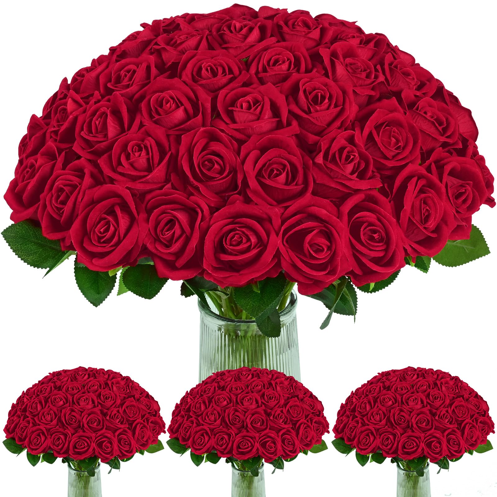 Photo 1 of 100 Pcs Red Roses Artificial Flowers, Real Touch Velvet Roses Bouquet Fake Flowers Bulk, Artificial Roses with Long Stems for Birthday Gift Women Mom DIY Bridal Wedding Centerpiece Decorations