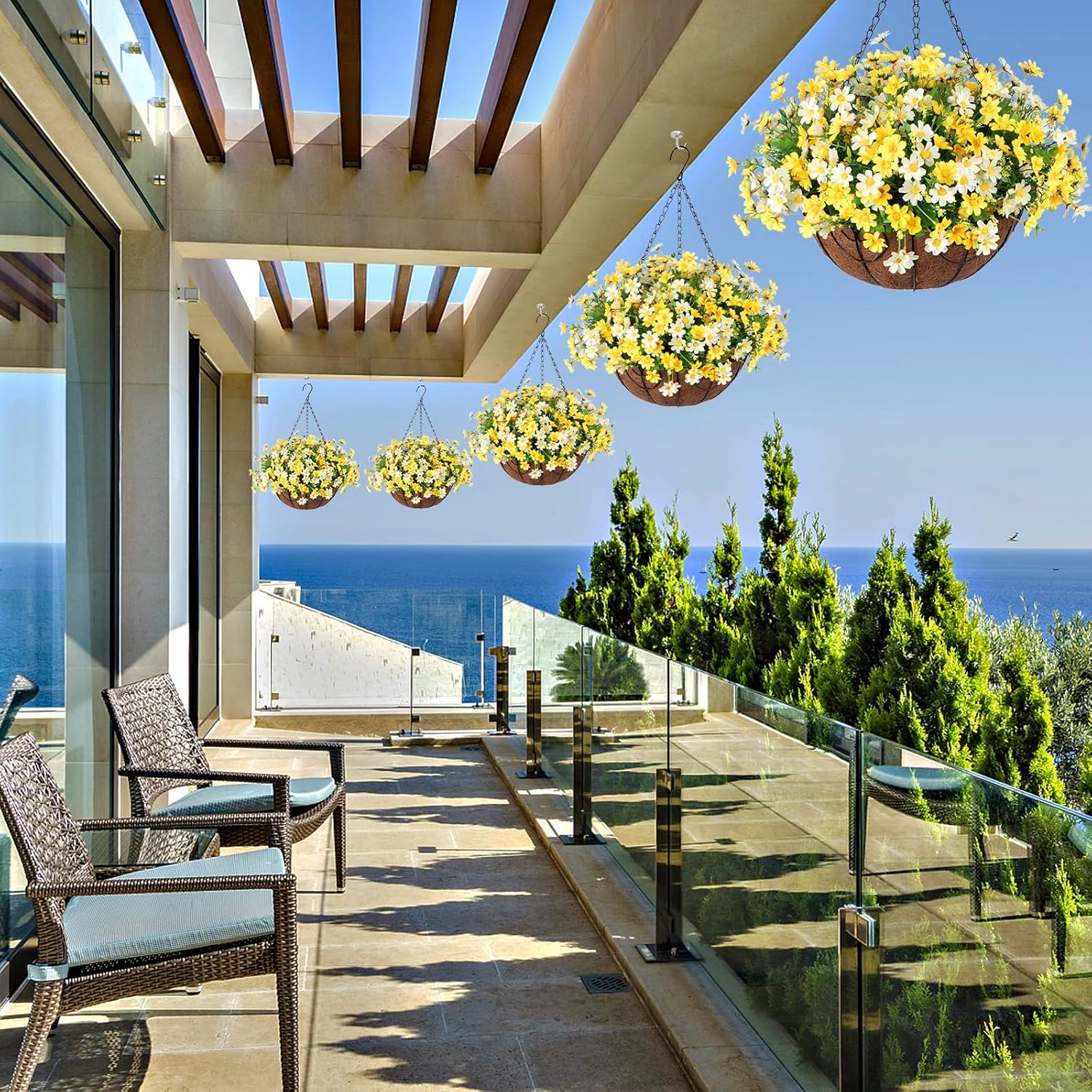 Artificial Hanging Flowers with Basket for Spring Outdoor Decor, Fake Mums Hanging Plant, Faux Daisy Flowers Uv Resistant for Patio Garden Porch Deck Indoor Decoration(Yellow White)