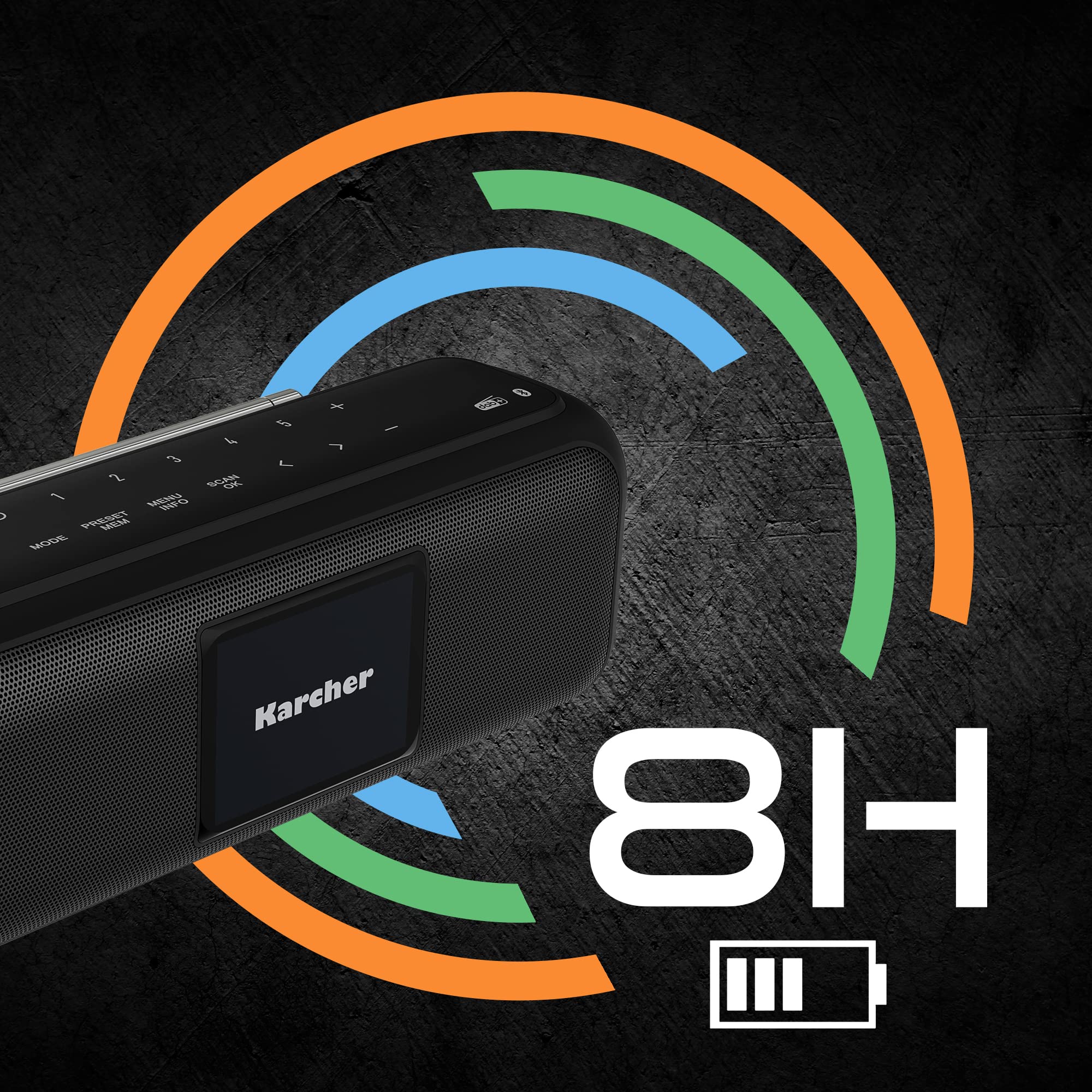 Karcher DAB Go tragbarer Bluetooth Lautsprecher & Digitalradio DAB+ / UKW Radio mit 2, 4" Farbdisplay/Wecker / 5 Watt Stereo-Sound/USB-C/Akku, Schwarz