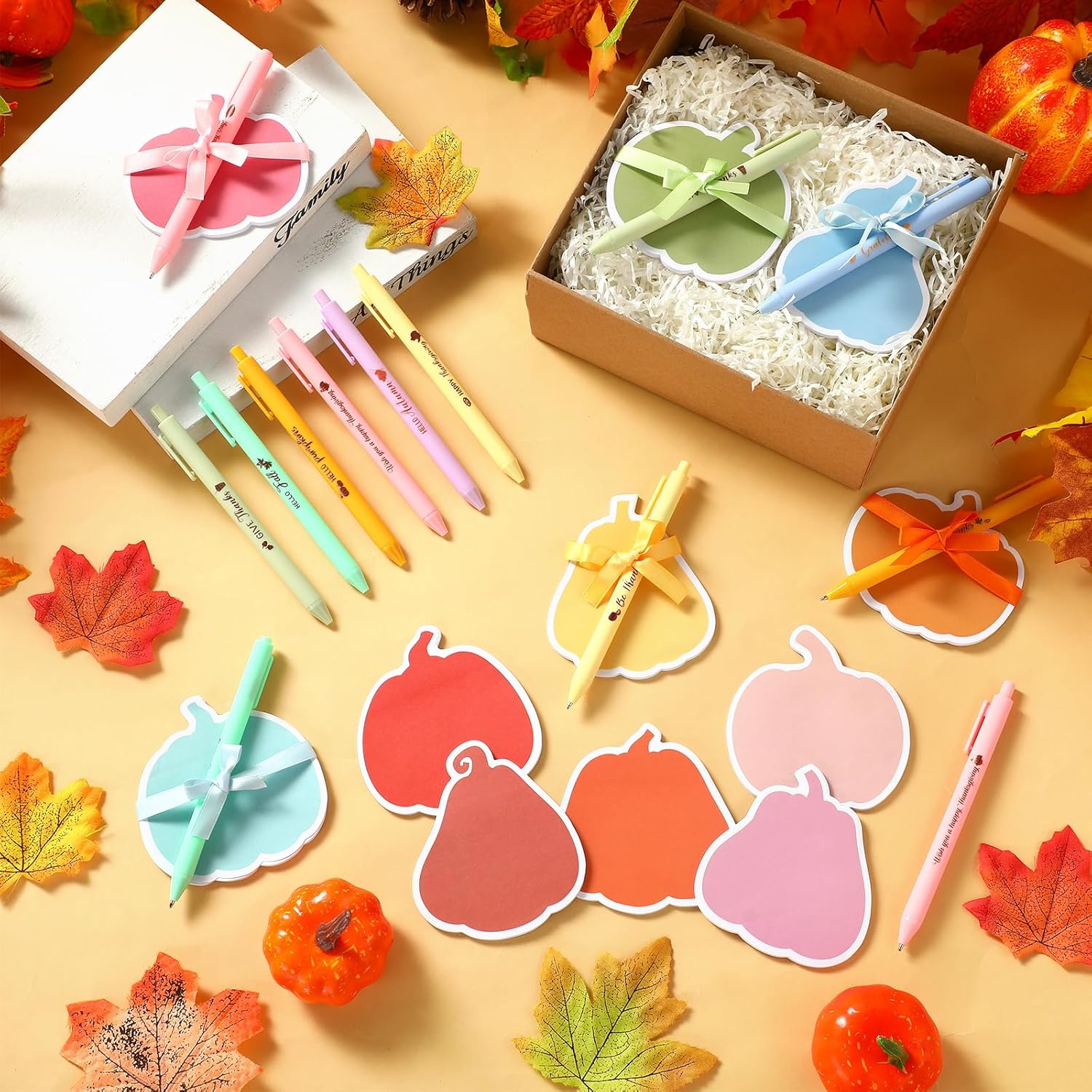 96 Pcs Thanksgiving Sticky Notes and Pens Set, 48 Thanksgiving Notepads 48 Fall Ballpoint Pens - Pumpkin Shape Note Pads Fall Party Favors for Coworkers Gifts School Classroom Office Supplies