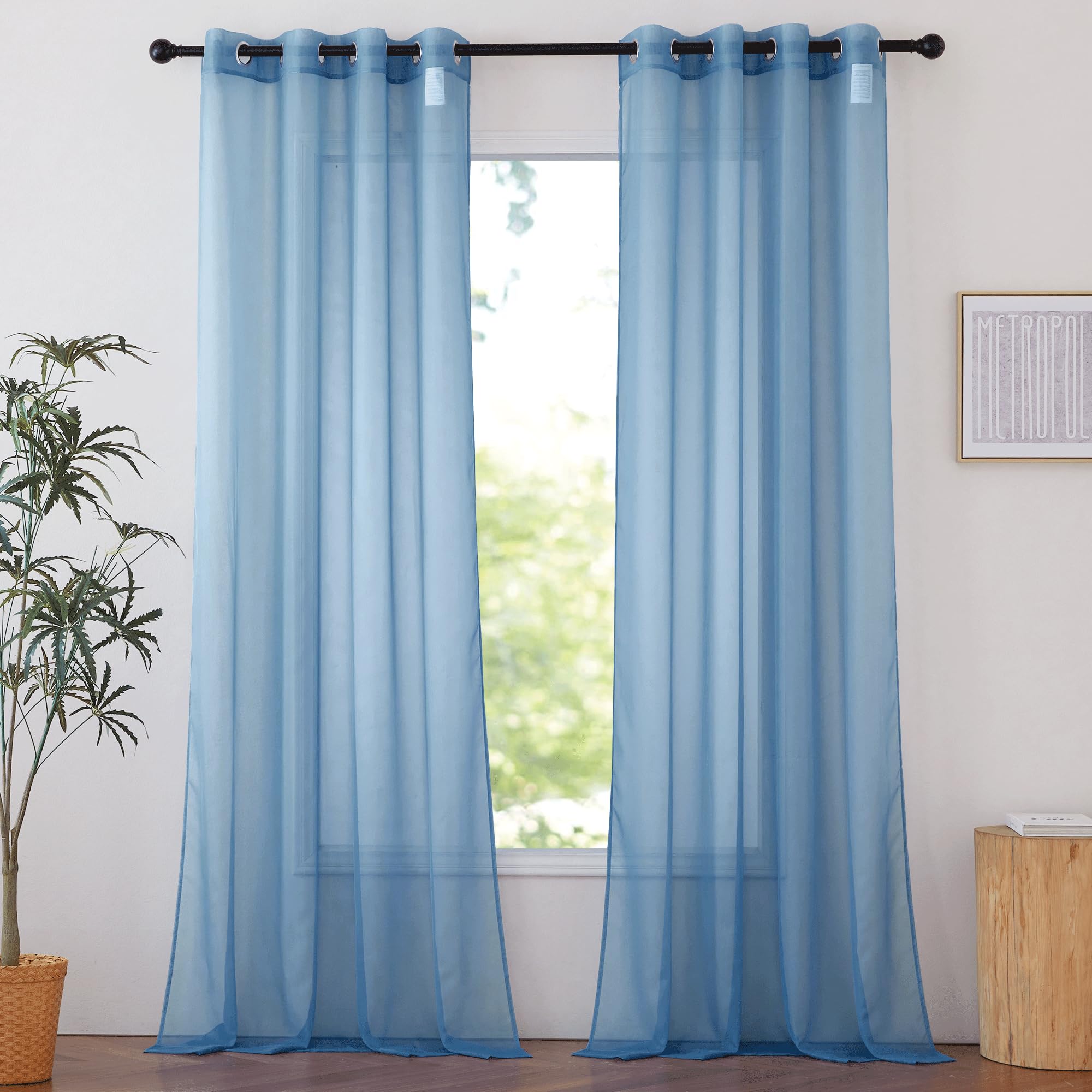 NICETOWN Stone Blue Sheer Curtains 96 Inches Long, Grommet Airy & Lightweight Window Treatment Translucent Elegant Drapes for Living Room/Bedroom, W54