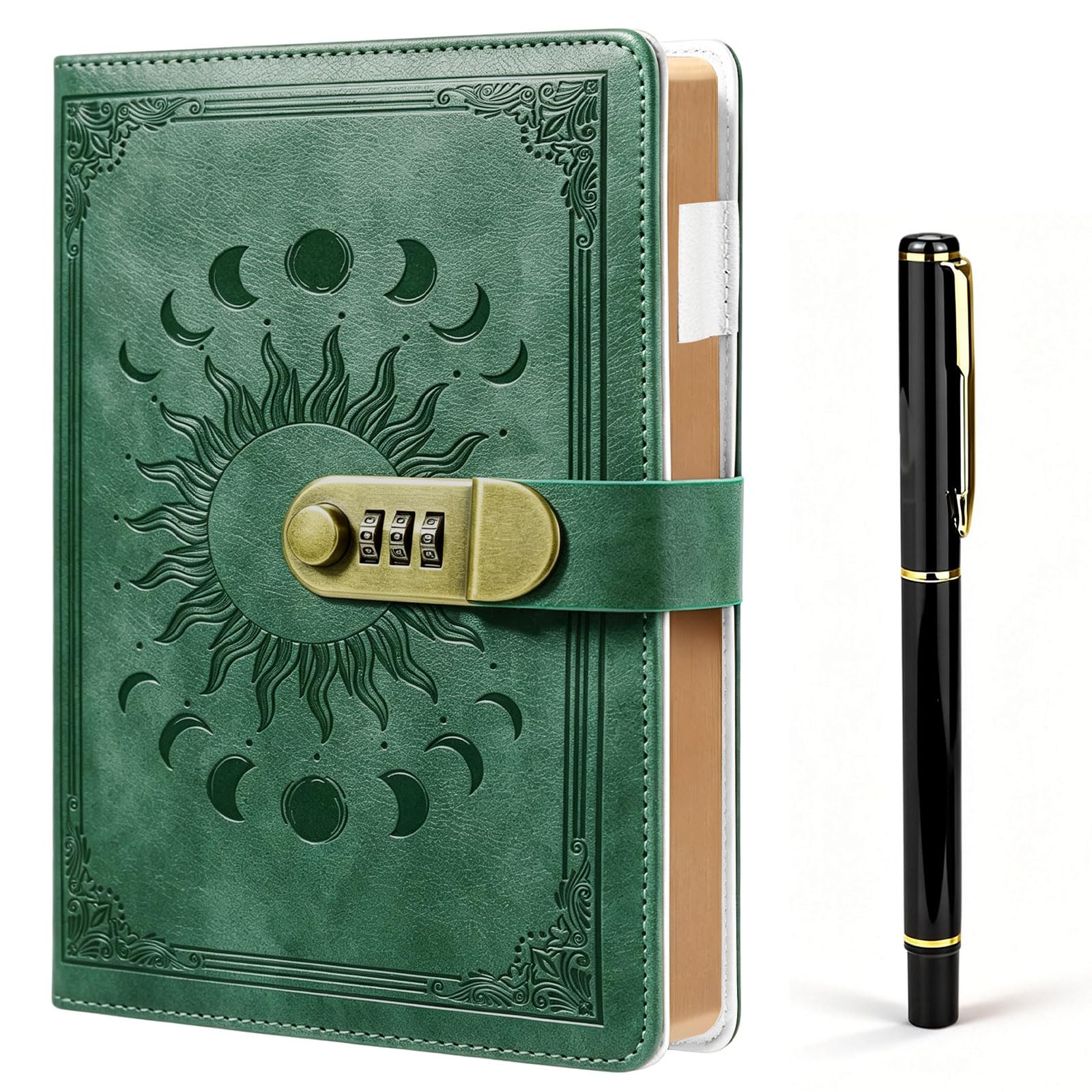 Diary with Lock - A5 300 Pages PU Leather Journal with Lock, Vintage Lockable Diary with Pen and Inner Pocket, Password Notebook Secret Diary, Personalised Lockable Journal for Men Women (Green)