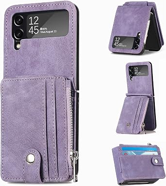 Cases for Galaxy Z Flip 4 Wallet Case with Card Holder Retro 2 in 1 Detachable Zipper Flip Wallet Kickstand Premium PU Leather Protective Cover for Samsung Galaxy Z Flip 4 5G 2022 Purple
