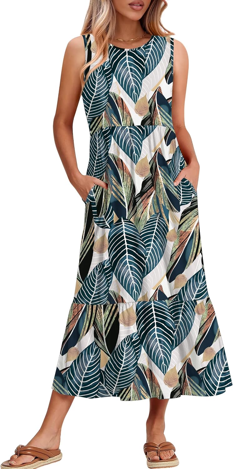 WIHOLL Summer Dresses for Women 2026 Casual Sleeveless Maxi Dress Long Flowy A Line Sundresses Beach Fashion with Pockets