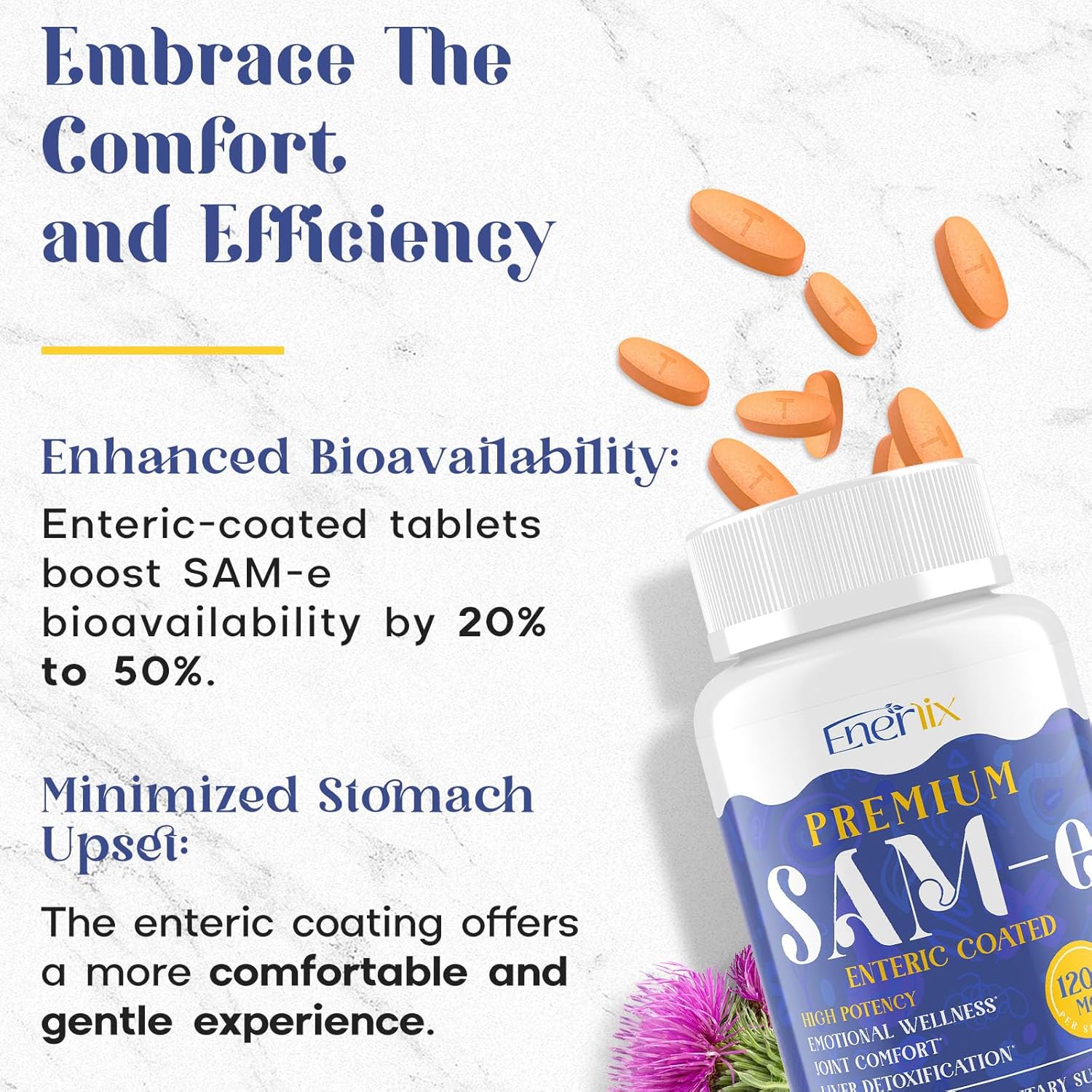 1200 MG SAM e Supplement for Brain, Mood, Joint, and Liver, High Absorption SAM-e (S-Adenosyl-L-Methionine) with CoQ10, 5-HTP, Enteric Coated 60 Tablets, Vegan - Image 6