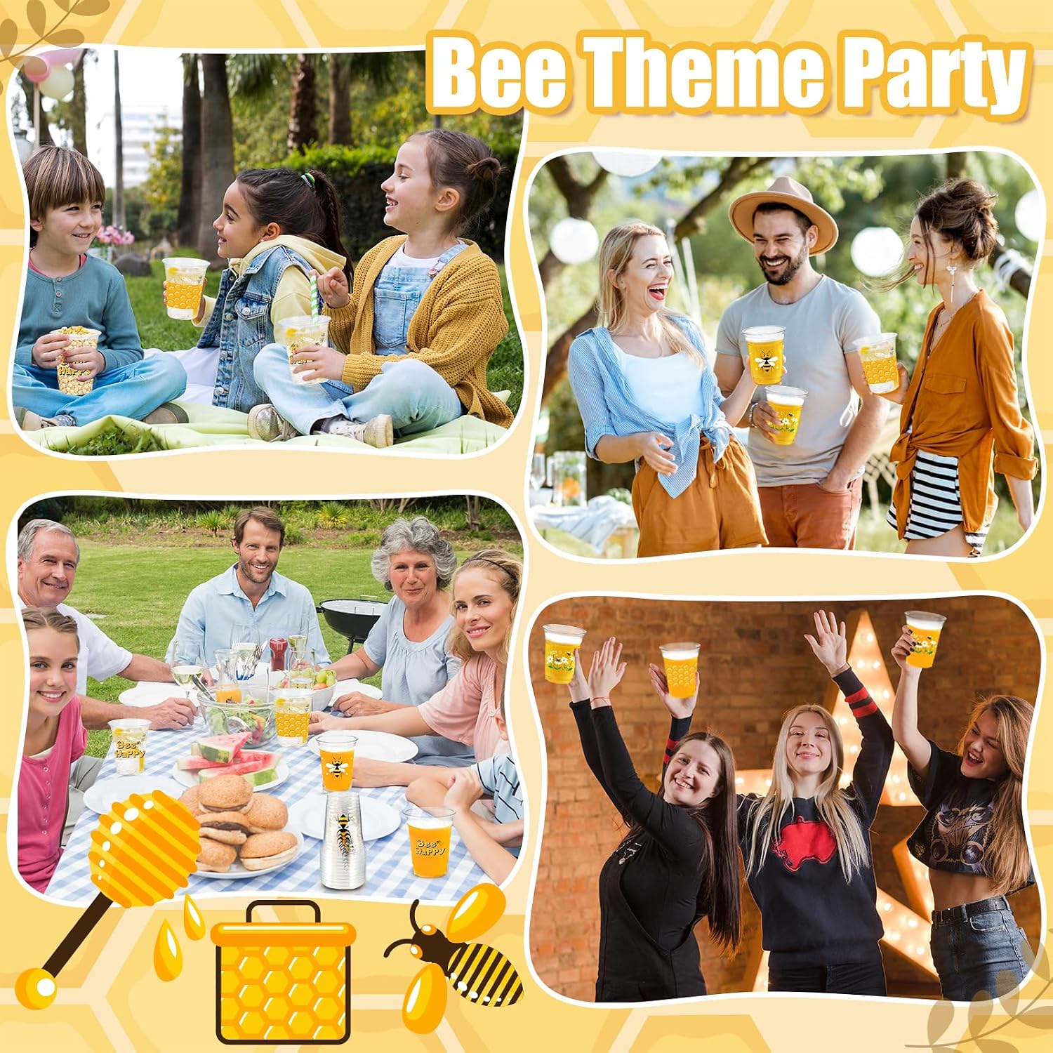 Honey Bee Party Decoration Cups for Baby Shower Decor Supplies | 50pcs, 12 oz, disposable, for bee day, home, kitchen