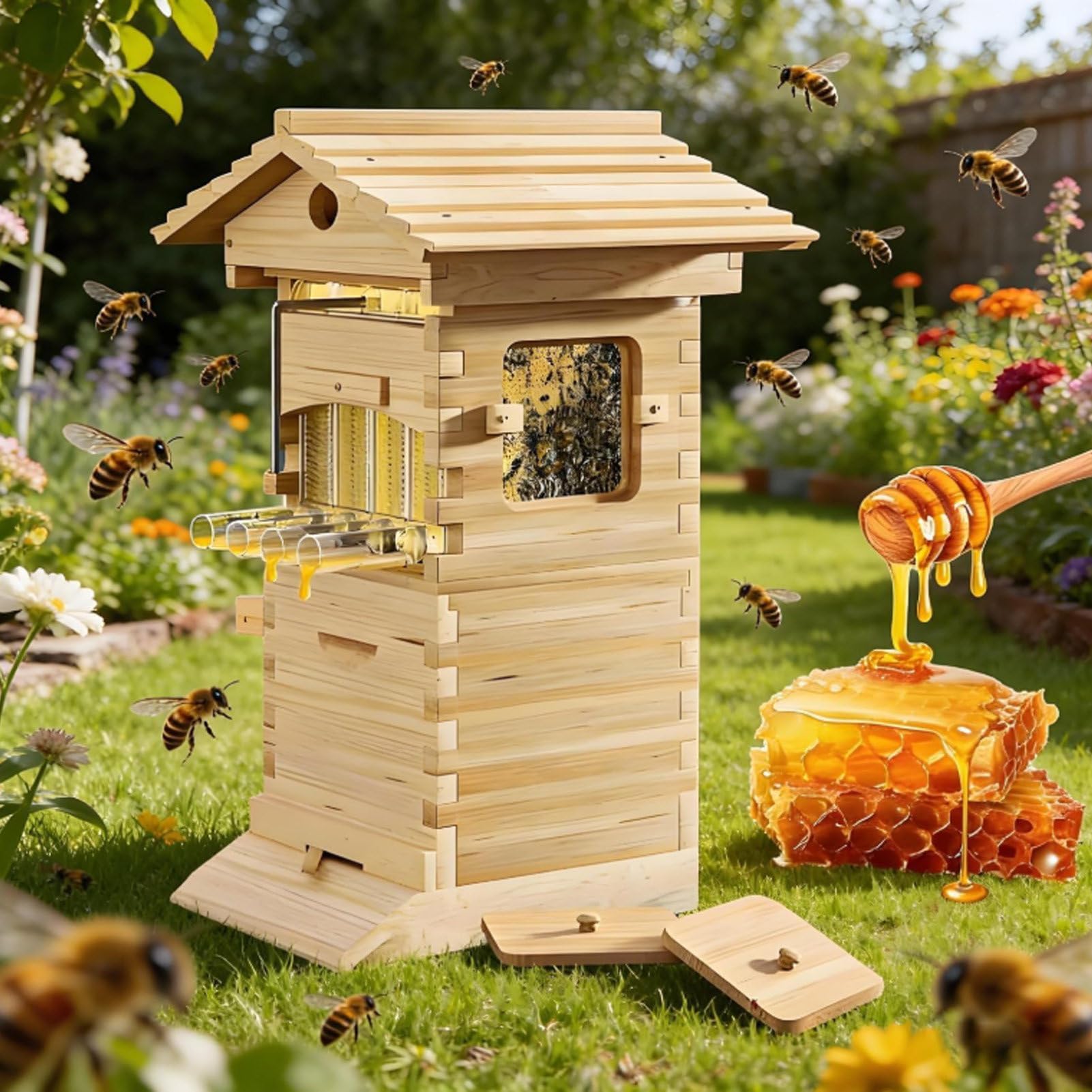 Imkerei Set Bienenbeute kompatibel mit Flow-System, Komplettes Selbstfluss Honigernte-System mit 4 oder 7 BPA-freien Rähmchen, Konstruktion aus Zeder und Kiefer 4-frameFlowsuper